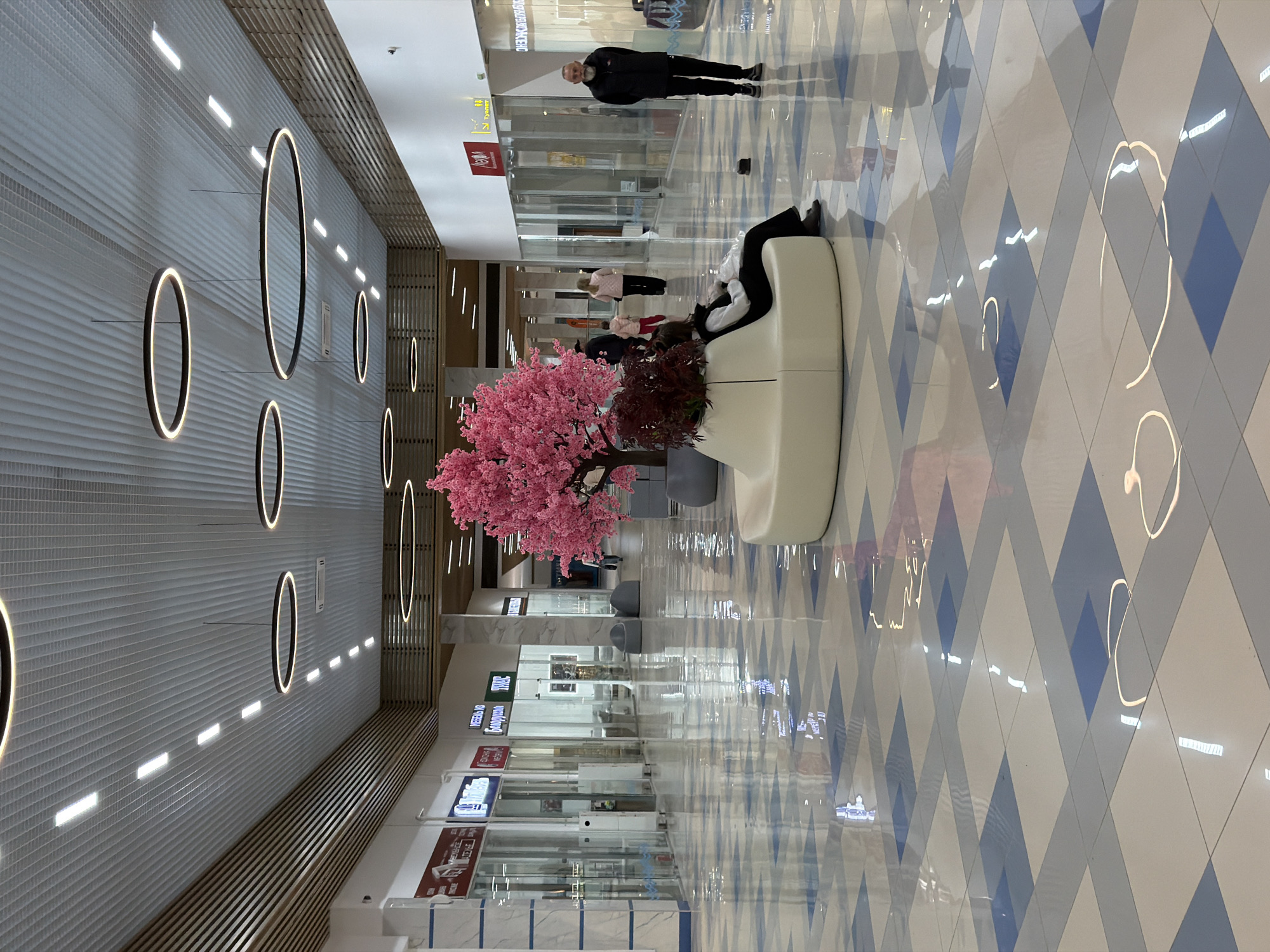 The image captures the interior of the Talisman Gallery shopping center in Izhevsk, Russia. The scene depicts a wide walkway with a patterned tile floor of light blue and white diamonds. Along the left side of the walkway, a wall features a series of large, circular, illuminated light fixtures.
Several people are present: a man standing and facing away from the camera, and a group of individuals seated or reclining on a white bench-like structure. A large, artificial cherry blossom tree stands near the bench.
Shopfronts line the walkway, showing store signs in both English and Russian. The scene suggests a typical day in a shopping center, with individuals shopping and resting.