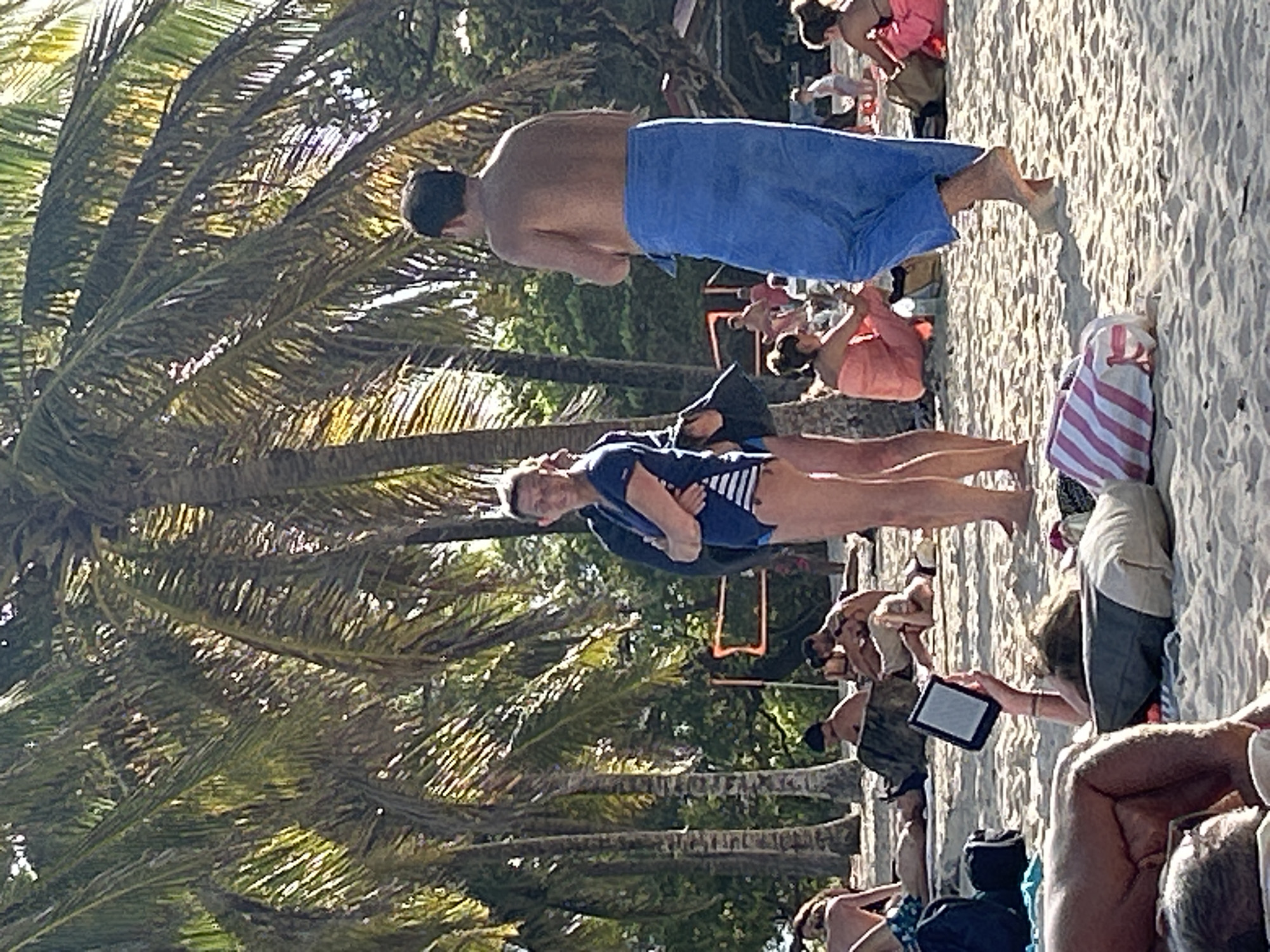 The image captures a sunny day at a beach in Sainte-Anne, France, bustling with people. The scene is dominated by a sandy shoreline where individuals are engaged in various activities.
In the foreground, several people are relaxing on the beach. A woman is holding and looking at a tablet, with others nearby lounging on towels or sitting on the sand. Further back, a man is walking with a blue towel wrapped around his waist.
Behind the beachgoers, a line of palm trees provides some shade, adding to the tropical atmosphere. In the background, there is evidence of more people, suggesting a popular and lively beach location.