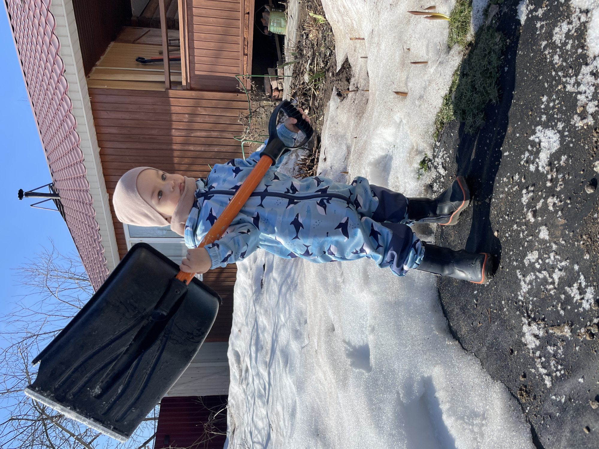 A young child wearing a light blue jumpsuit with a shark pattern, a light pink hat, and black boots stands holding a black snow shovel with an orange handle in a snowy outdoor setting. The child is positioned on a surface covered with a black material adjacent to a patch of melting snow. The location is Zav'yalovo, Russia, suggested by other context. Behind the child is a wooden building with a brown facade and a reddish-brown roof. Patches of grass and other vegetation are visible in the snow.