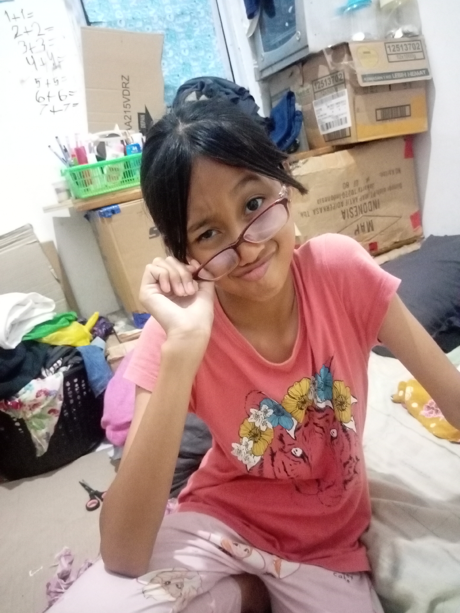 A young girl is sitting on a bed, looking at the camera with a playful expression. She is wearing glasses and a pink t-shirt with a tiger design. The room appears to be cluttered with boxes and laundry. There is a whiteboard in the background with mathematical equations written on it. The setting is likely a residential area in Batam, Indonesia, given the presence of Indonesian text on some of the boxes.