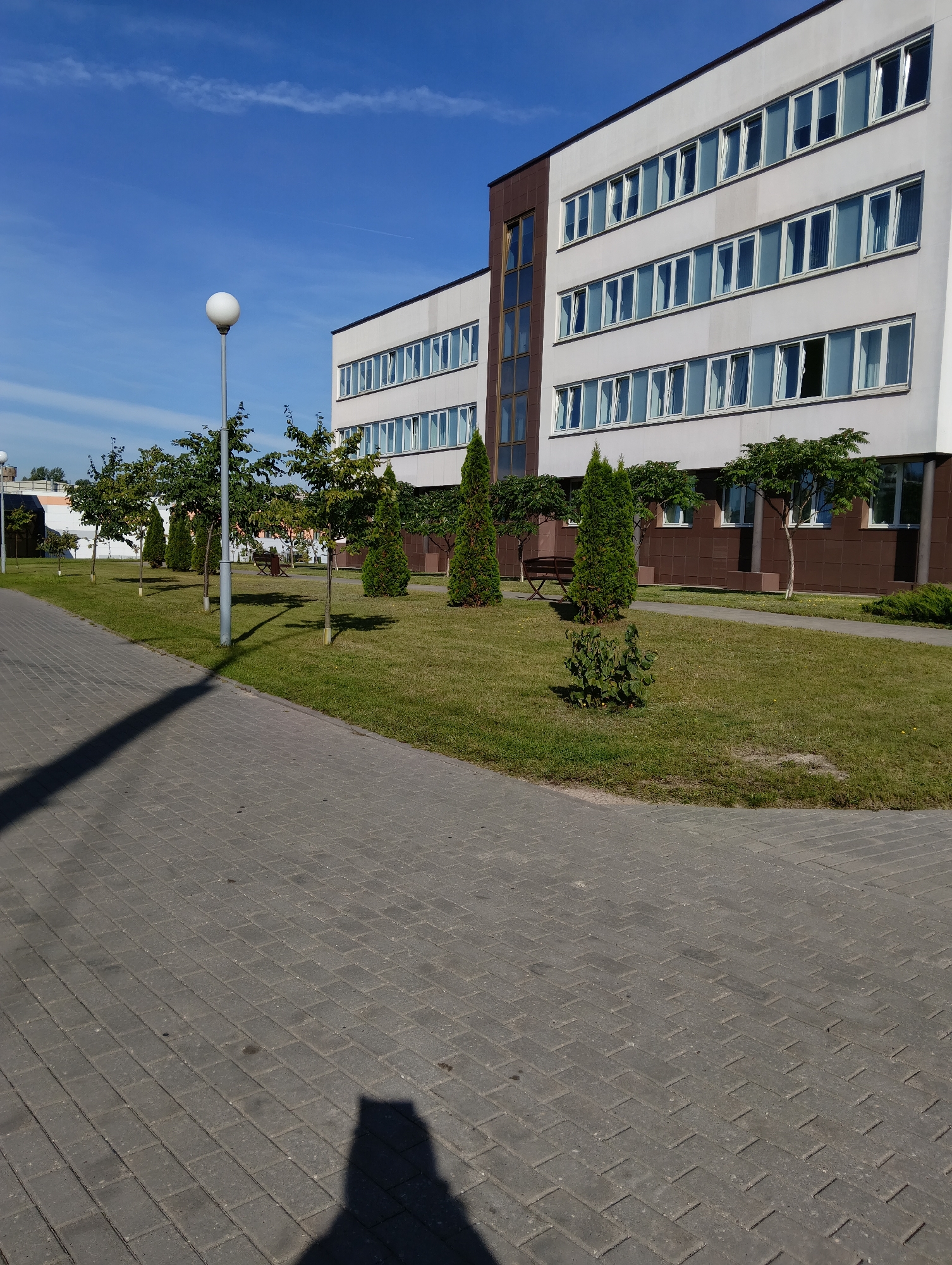 The image captures a modern administrative building with a white facade and multiple rows of identical windows on a sunny day. The building is situated on a landscaped grounds featuring a paved walkway in the foreground, a well-maintained lawn, and several trees and evergreen shrubs. A solitary lamppost stands near the walkway, casting a long shadow. In the background, parts of other buildings are visible, suggesting an urban or semi-urban environment. The sky is clear blue with a few wispy clouds. Based on visual cues and available information, this scene is consistent with the administrative building at 45 Malaya Nikolišskaya Street in Hrodna, Belarus, which is known for its contemporary architectural style and surrounding green spaces.