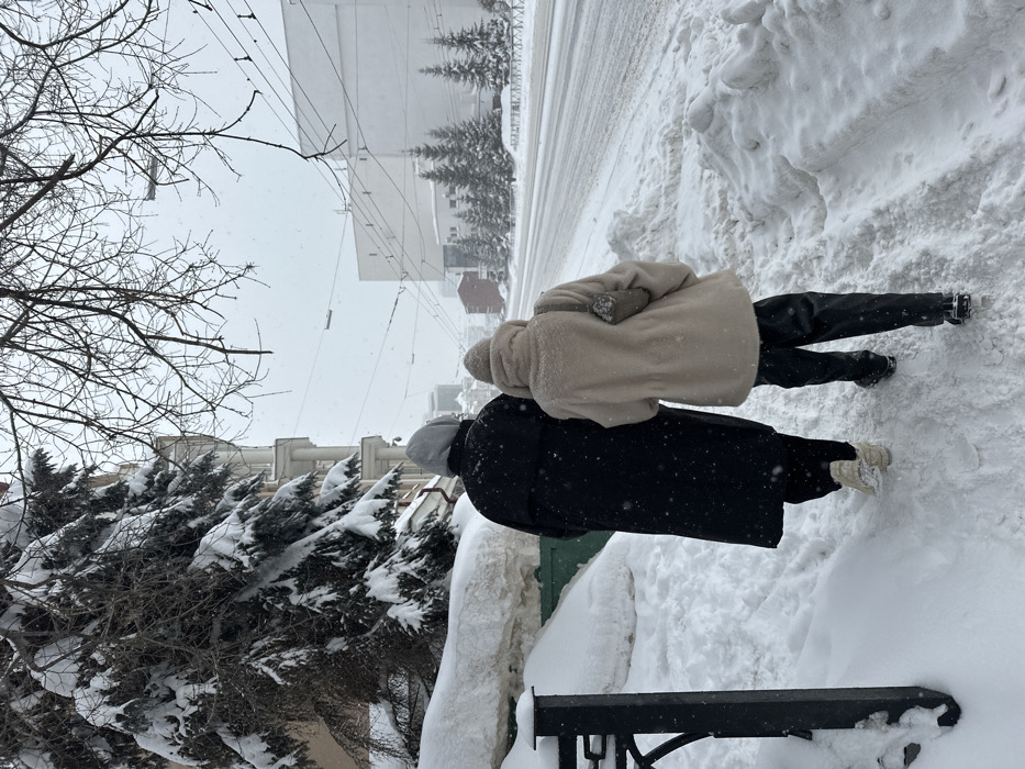 The image depicts a snowy urban scene in Kazan, Russia, likely on Kremlevskaya Street, characterized by the classical architecture visible on the left. Two individuals are observed from behind, walking side-by-side on a snow-covered sidewalk during active snowfall.
The person on the left is taller, attired in a dark, long overcoat with a light grey hooded sweatshirt worn underneath, the hood pulled over their head. Their footwear consists of light-colored sneakers, partially obscured by snow. The person on the right is shorter, wearing a light beige or cream-colored fluffy coat, dark trousers, and dark shoes or boots. A light-colored knitted beanie is visible on their head, and a light olive or grey shoulder bag is slung over their right shoulder. Snowflakes are visible on both individuals' coats.
The environment is heavily snow-covered. The sidewalk is blanketed in deep, uneven snow, as is the roadside and the adjacent street, which appears to be a multi-lane thoroughfare. On the immediate left, a large evergreen tree, densely covered in snow, partially conceals a multi-story building featuring classical columns. Bare tree branches extend across the upper portion of the frame. In the distance, to the right of the street, a wide, lighter-colored building is visible alongside a row of smaller, snow-laden evergreen trees. Overhead electrical or trolleybus wires crisscross the sky. A dark metal post is present in the lower-left foreground. The overall atmosphere indicates cold winter weather with ongoing precipitation.