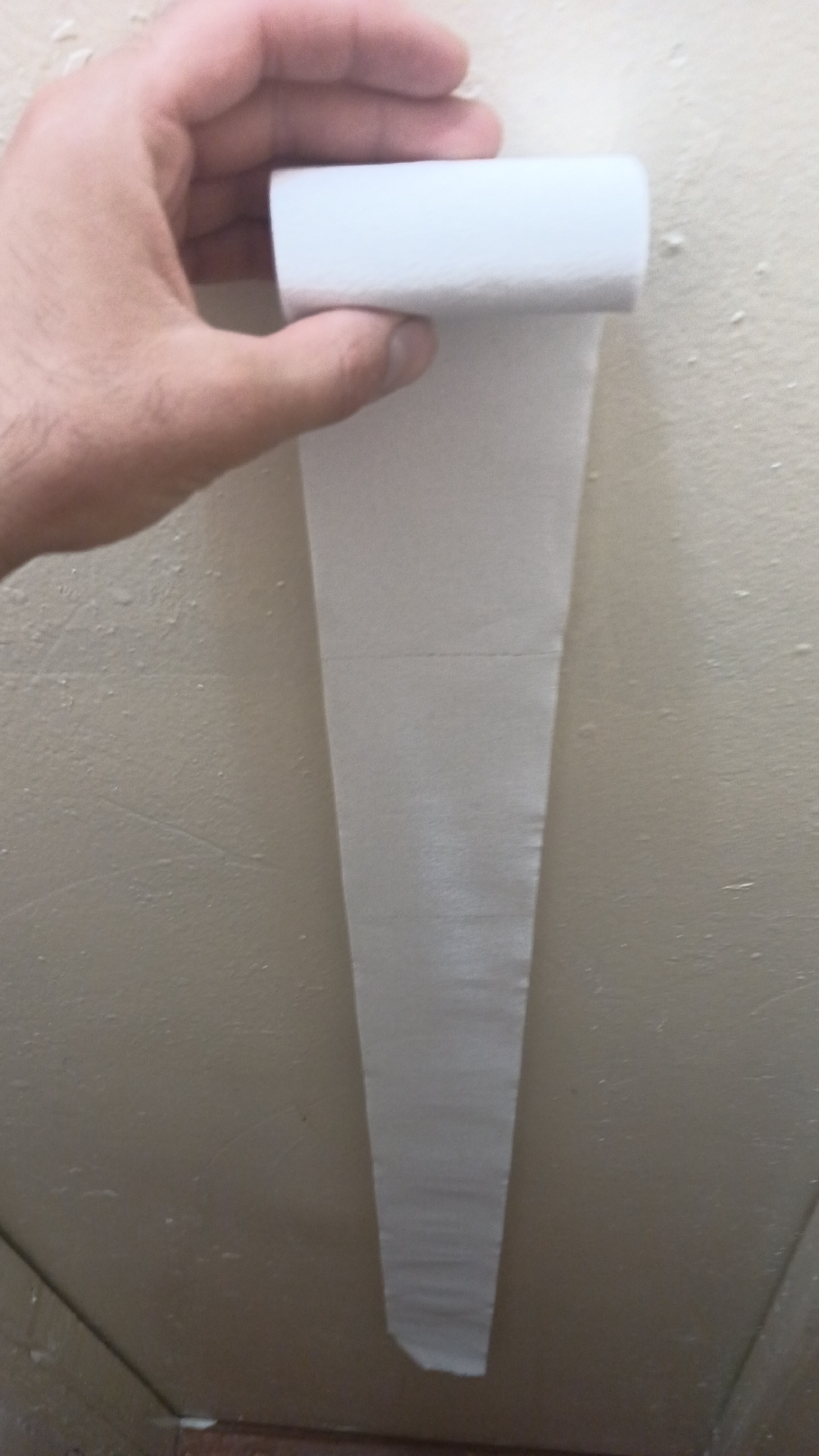 A hand holds a roll of toilet paper, with a length of toilet paper unspooled and hanging down. The toilet paper is white and appears to be textured. The hand is in the upper left corner of the image, and its fingers are wrapped around the roll. The background is a light-colored wall, possibly painted. There are some small, irregular marks or imperfections on the wall's surface. The lighting is somewhat dim, casting soft shadows. The scene appears to be indoors.