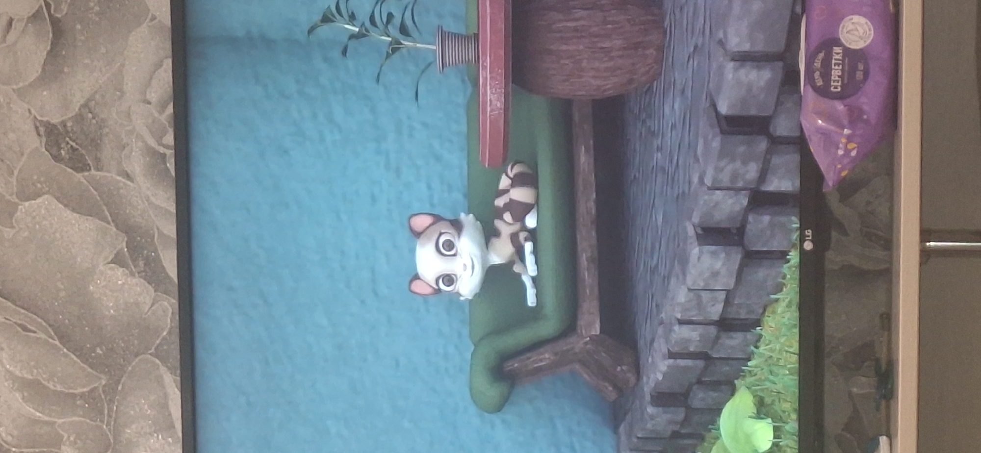 The image shows a cartoon cat sitting on a green couch. The cat is white with brown stripes and has large, round eyes. Behind the couch is a blue textured wall. To the right of the couch is a red table with a potted plant on it. In front of the couch is a stone pathway and green grass. At the bottom of the image, there is a television screen with an LG logo visible, and a purple package of wet wipes. The scene is set in an outdoor environment, possibly a garden or patio. The location is not identifiable as Bila Tserkva, Ukraine.