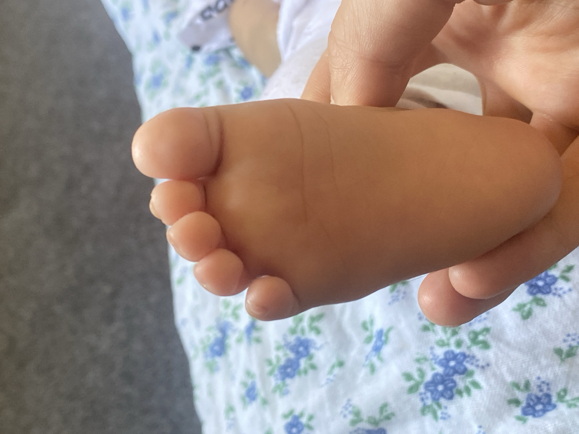 A close-up, overhead shot shows a human hand gently holding a newborn baby's left foot. The baby's foot is pink and plump with visible creases on the sole and five toes. The background features a white fabric with a blue floral pattern, likely a blanket or bedding, and a gray, textured surface, possibly a bedspread or a wall. The lighting suggests natural daylight. The scene is devoid of any context related to Arbagish, Uzbekistan.