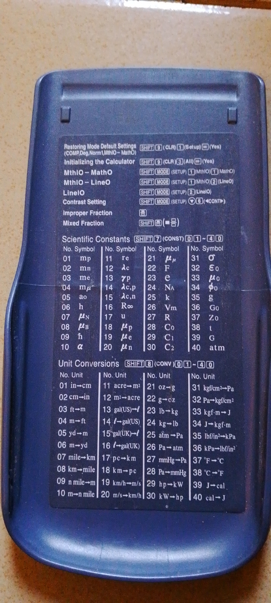 The image shows a close-up of a blue calculator with white text detailing various calculator functions and settings. The text is organized into sections such as "Restoring Mode Default Settings," "Initializing the Calculator," "MthIO - MathO," "MthIO - LineO," "LineIO," "Contrast Setting," "Improper Fraction," and "Mixed Fraction." Below these are lists for "Scientific Constants" and "Unit Conversions," each with numbered entries and their corresponding symbols or units. The calculator appears to be sitting on a light-colored, textured surface, possibly a table or countertop. There are no people or specific city details present in the image.