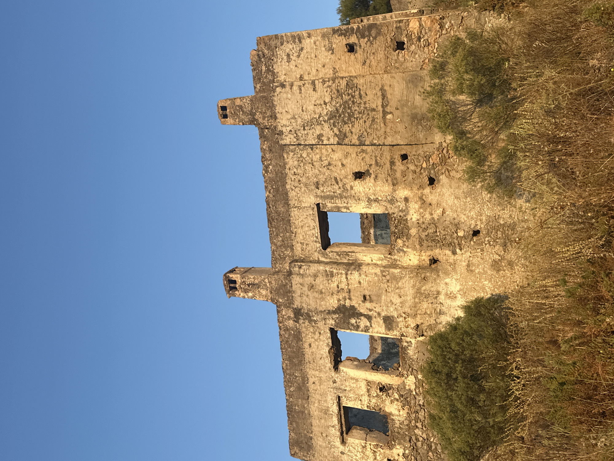 This is a low-angle, full shot of the ruins of a stone building under a clear blue sky. The building appears to be abandoned and in disrepair, with large openings where windows and possibly a door would have been. The stonework is weathered and discolored, with patches of lighter and darker stone. Two prominent chimneys rise from the roofline. In the foreground, dry grasses and green bushes partially obscure the lower portion of the building. The scene evokes a sense of history and decay. This is likely Kayaköy, an abandoned Greek village near Fethiye, Turkey.