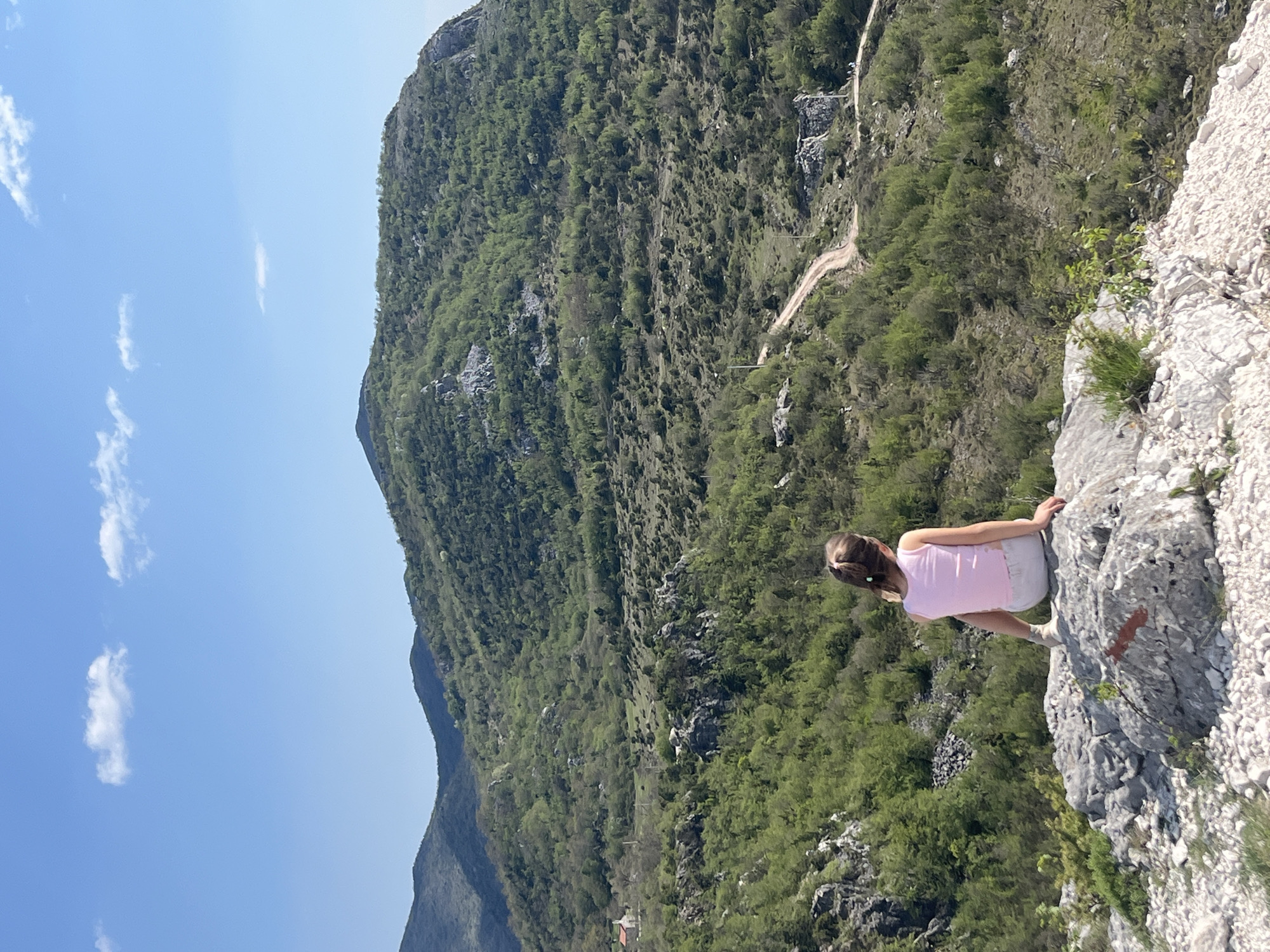 The image depicts a young girl sitting on a rocky outcrop overlooking a densely forested mountainside. The sky is light blue with a few scattered white clouds. A winding dirt road can be seen traversing the side of the mountain. The location is Boreti, Montenegro. The girl is wearing a pink top and light-colored shorts. She appears to be resting or observing the landscape. The foreground consists of light-colored rocky terrain. A portion of another mountain is visible in the distance on the left side of the image. The photograph appears to have been taken during daylight hours with clear visibility.