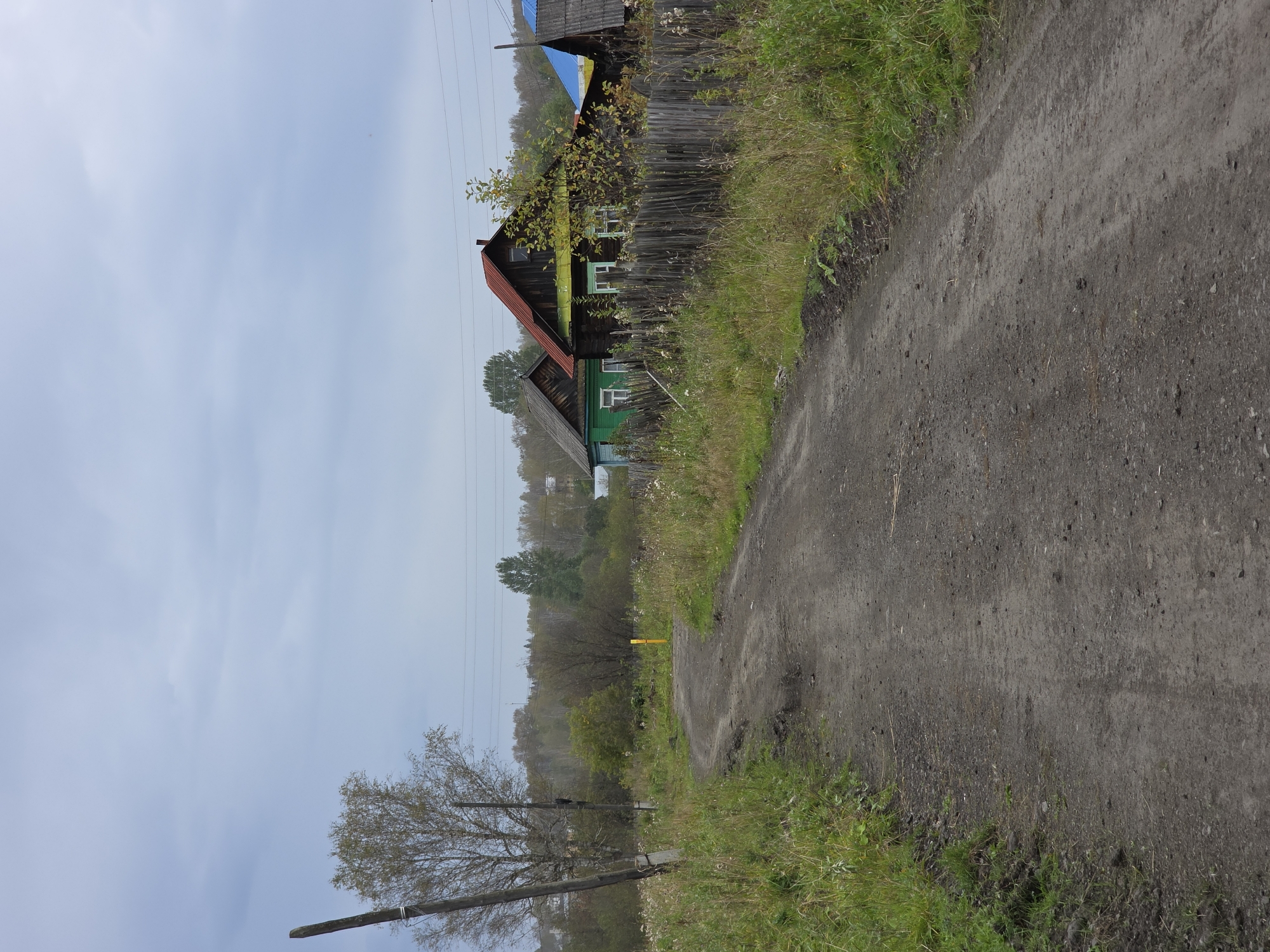 The image depicts a rural dirt road curving through overgrown grass and vegetation. In the background, a cluster of wooden houses with colorful roofs are visible, set behind a weathered wooden fence. The sky is overcast with clouds, suggesting a cool or damp day. A solitary wooden utility pole stands to the left of the road. The scene appears to be a quiet, somewhat unkempt residential area, characteristic of a village or rural settlement in Russia.