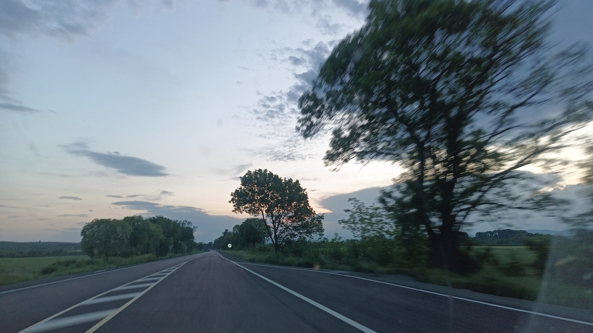 The image is a view from a vehicle driving on a road in Sokolovo, Bulgaria. The road is asphalt with white and yellow line markings. Trees line the sides of the road. The sky is overcast with clouds and the time appears to be dusk or dawn. The trees in the foreground are blurred indicating movement.