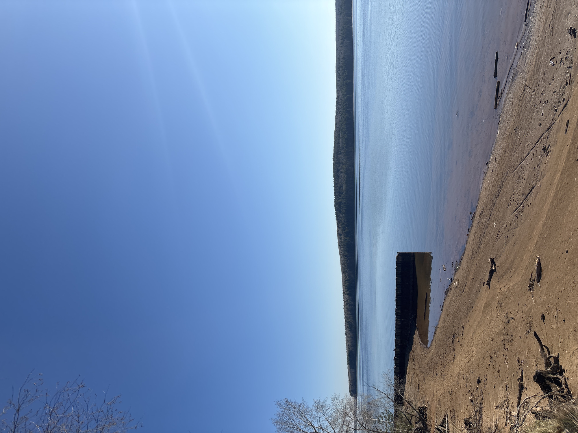 The image shows a view of the Kama Reservoir in the city of Chaikovsky, Perm Krai, Russia. The reservoir stretches across the frame, with a forested shoreline visible in the distance. A sandy beach occupies the foreground, where traces of washed-up debris and erosion are evident. Clear blue sky dominates the upper left portion of the image, suggesting sunny weather. A partially submerged wooden structure is present near the shoreline, potentially a remnant of an old dock or pier. No people are visible in the image.