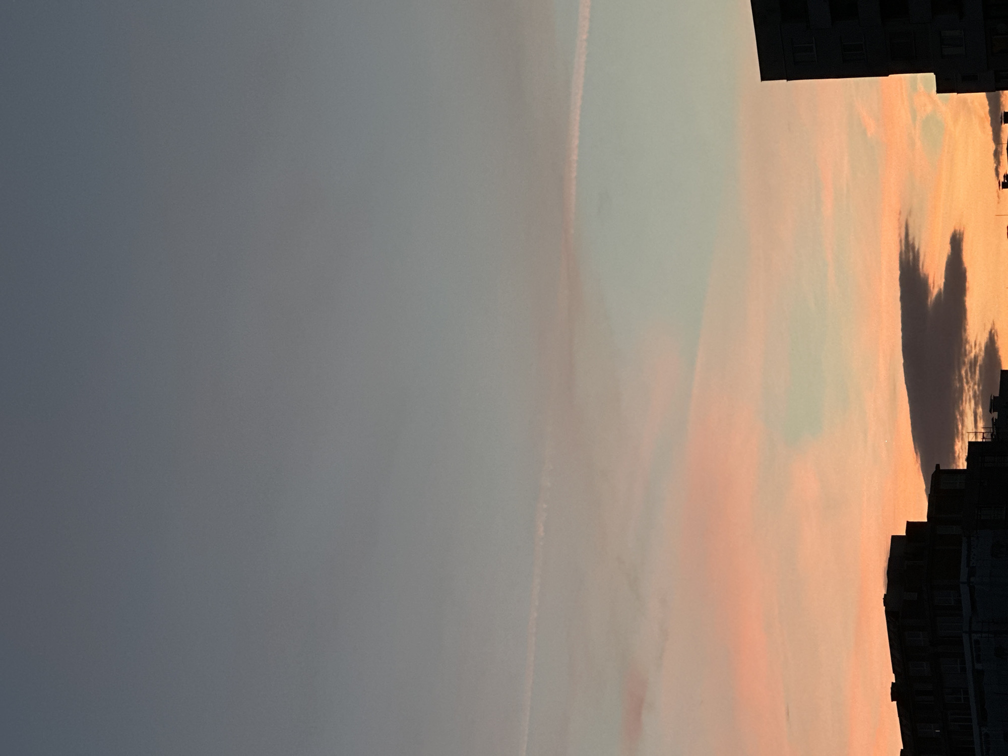 The image captures a dusky sky in Sofia, Bulgaria, likely at sunset. The sky is predominantly a soft gray transitioning into hues of pink and orange near the horizon. Dark silhouetted buildings frame the right edge of the photograph, suggesting an urban setting within Sofia. There are some dark clouds near the buildings. A contrail is visible in the sky. There are no people visible.