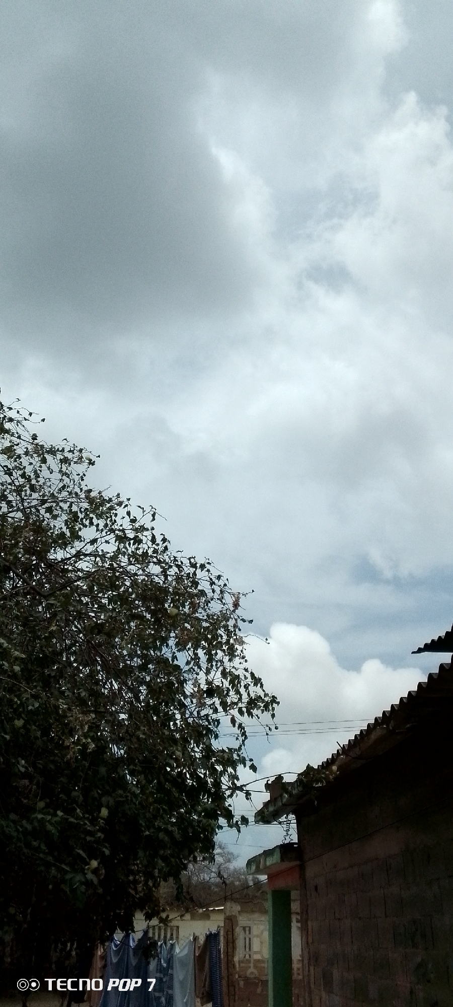 The image shows a cloudy sky above a partly obscured scene in what appears to be a residential area. In the foreground, a dense tree is visible to the left, partially obstructing the view. To the right, the edge of a corrugated metal roof is visible. Below the roof, parts of a building structure can be seen, including a brick wall and a doorway. Further in the background, laundry hangs on a clothesline in front of a building. The scene gives the impression of a low-income or rural area. The location in Altagracia, Venezuela, is assumed due to the origin of the image. No people are visible in the image.