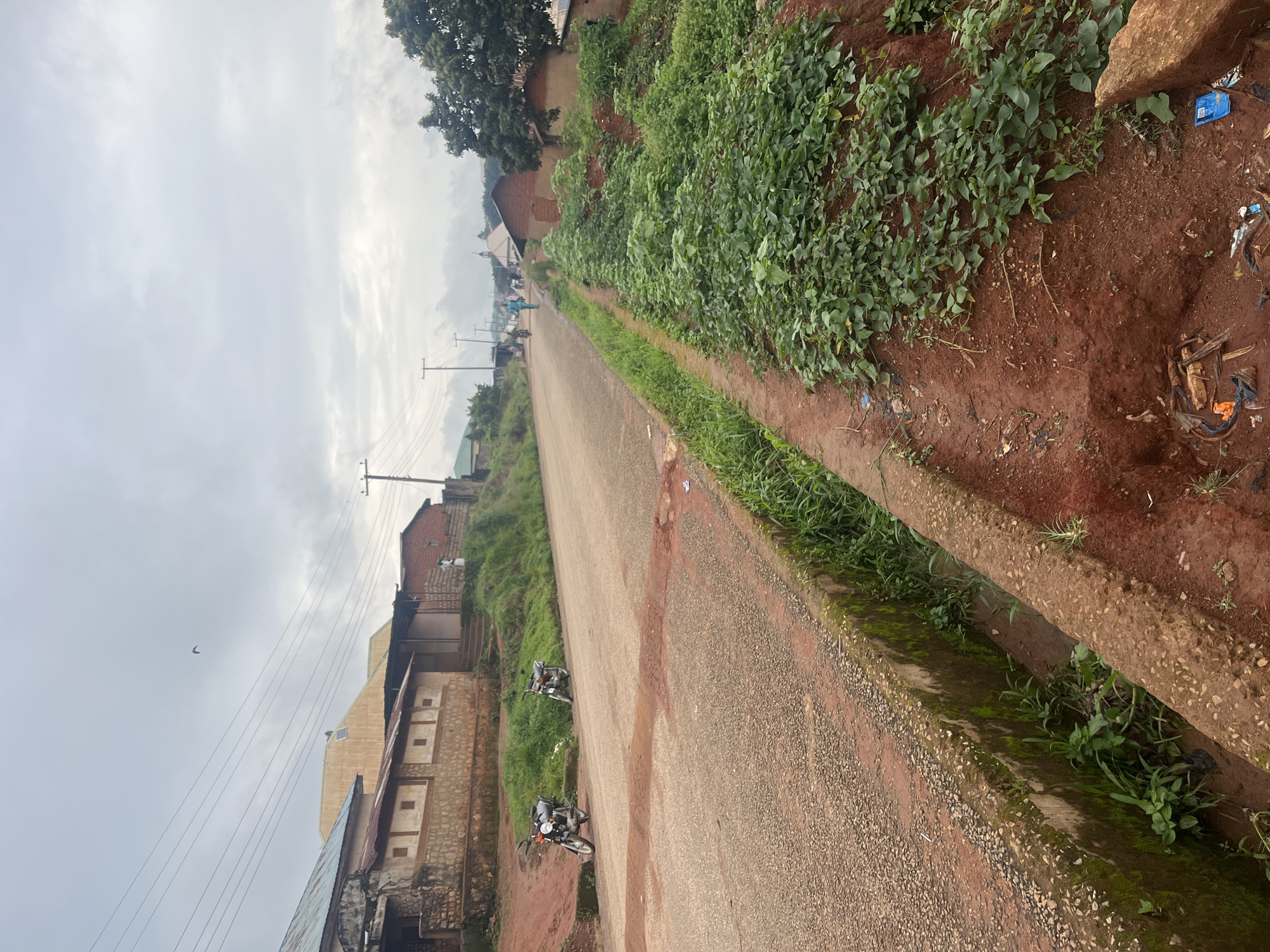 The image depicts a cloudy day in a rural or semi-rural area, likely Gembu, Nigeria. A paved road runs through the scene, bordered on one side by a drainage ditch filled with green vegetation and moss. On the other side of the road, houses with brick and stone facades line the street. Some houses have corrugated metal roofs, while others have tiled roofs. There are utility poles with power lines running overhead.
Two motorcycles are parked on the side of the road near the houses. In the distance, a few people can be seen walking along the road, and one person is standing near a fence. Green foliage and trees are visible throughout the scene, suggesting a natural and somewhat overgrown environment. The overall impression is one of a typical day in a residential area outside of a major city, with a mix of human infrastructure and natural elements. The weather appears overcast, contributing to a subdued lighting. There is no visible text in the image.