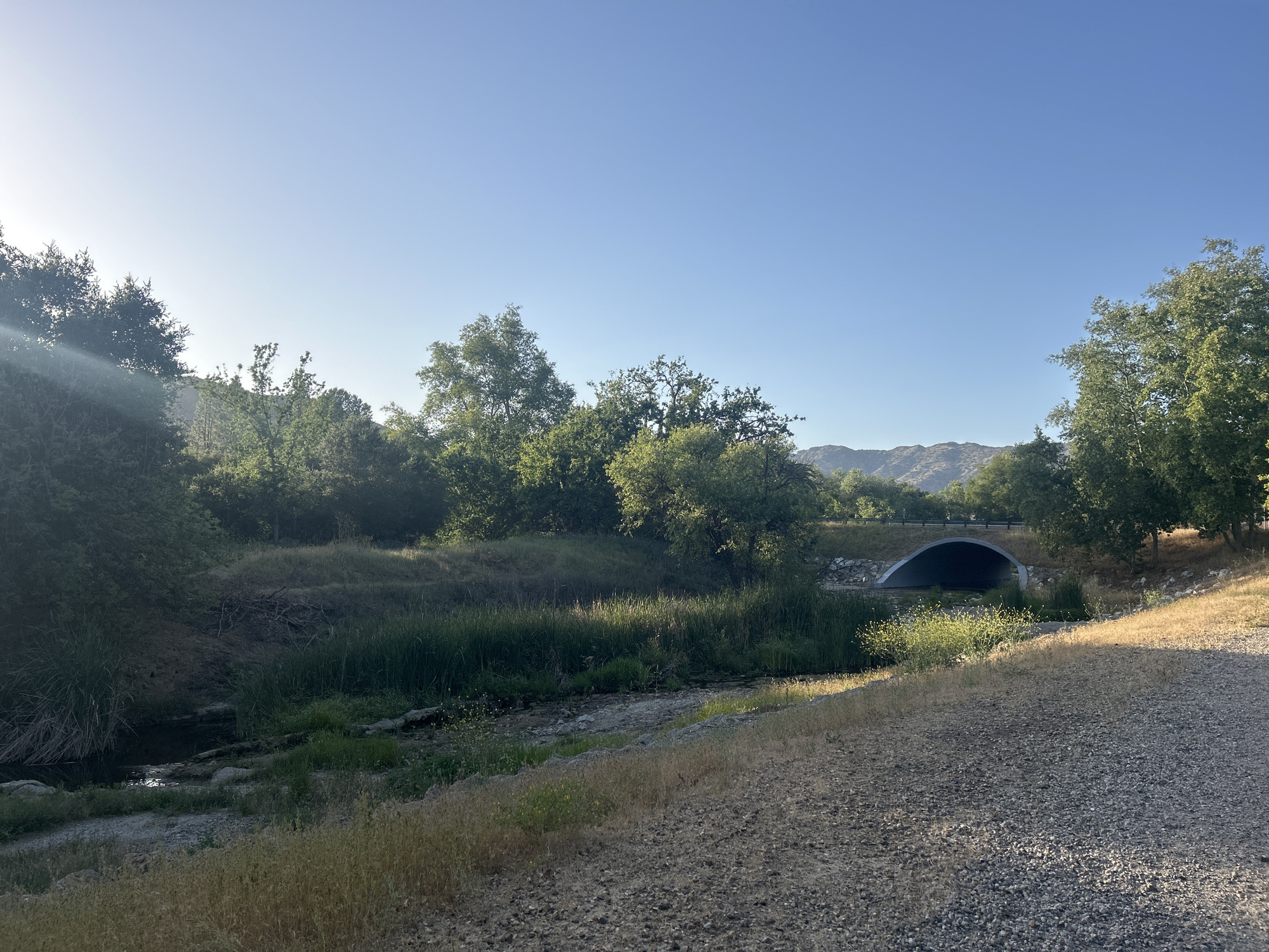 The image depicts a creek with sparse water flow under a bridge, bordered by vegetation and trees. A gravelly path is visible in the foreground. The scene is set in daylight under a clear, blue sky. The landscape includes rolling hills in the background. Given the prompt, the location is likely in Oak Park, United States of America. No people or other subjects are visible in the image. The objects present are the creek, bridge, vegetation, gravel path, and hills. The action is the flow of water under the bridge, although it is minimal. The environment appears to be a natural area, likely a park or open space.