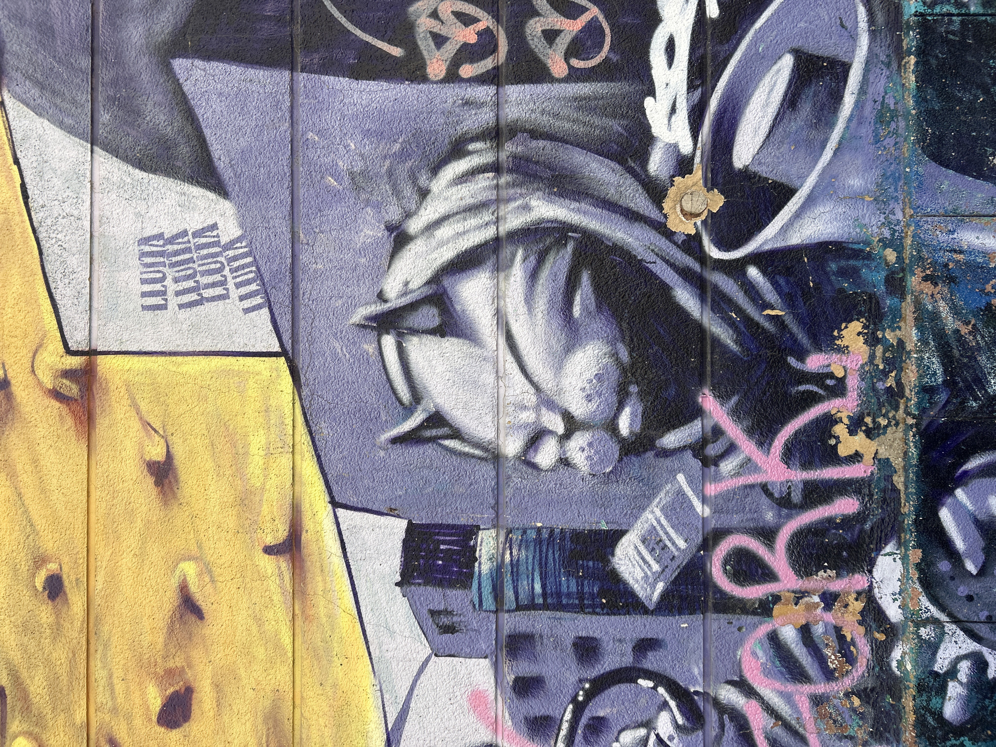 This is a close-up, vertical, overhead shot of a graffiti-covered wall in Barcelona, Spain. The graffiti features a stylized portrait of a person with a bandana or head covering, rendered in shades of purple, white, and black, with shadows giving it depth. The person's face is partially obscured, with only their nose, mouth, and chin clearly visible. They have a somber or introspective expression.
To the left of the portrait, a section of the wall is painted bright yellow with dark, abstract shapes that resemble shadows or smudges. In the upper left quadrant of the image, overlaid on a purple background, are repeated instances of the word "LLUNA" in a blocky, stencil-like font.
To the right of the portrait, the graffiti becomes more abstract with bold strokes of white and pink paint, including large, looping letters that are difficult to decipher but appear to be part of a larger tag. The wall itself shows signs of wear and tear, with peeling paint and textured surfaces, suggesting it's an outdoor location exposed to the elements. The overall impression is one of urban art and decay, common in street art scenes. The lighting suggests it's daytime, with shadows indicating the direction of the sun, but no specific time can be determined.