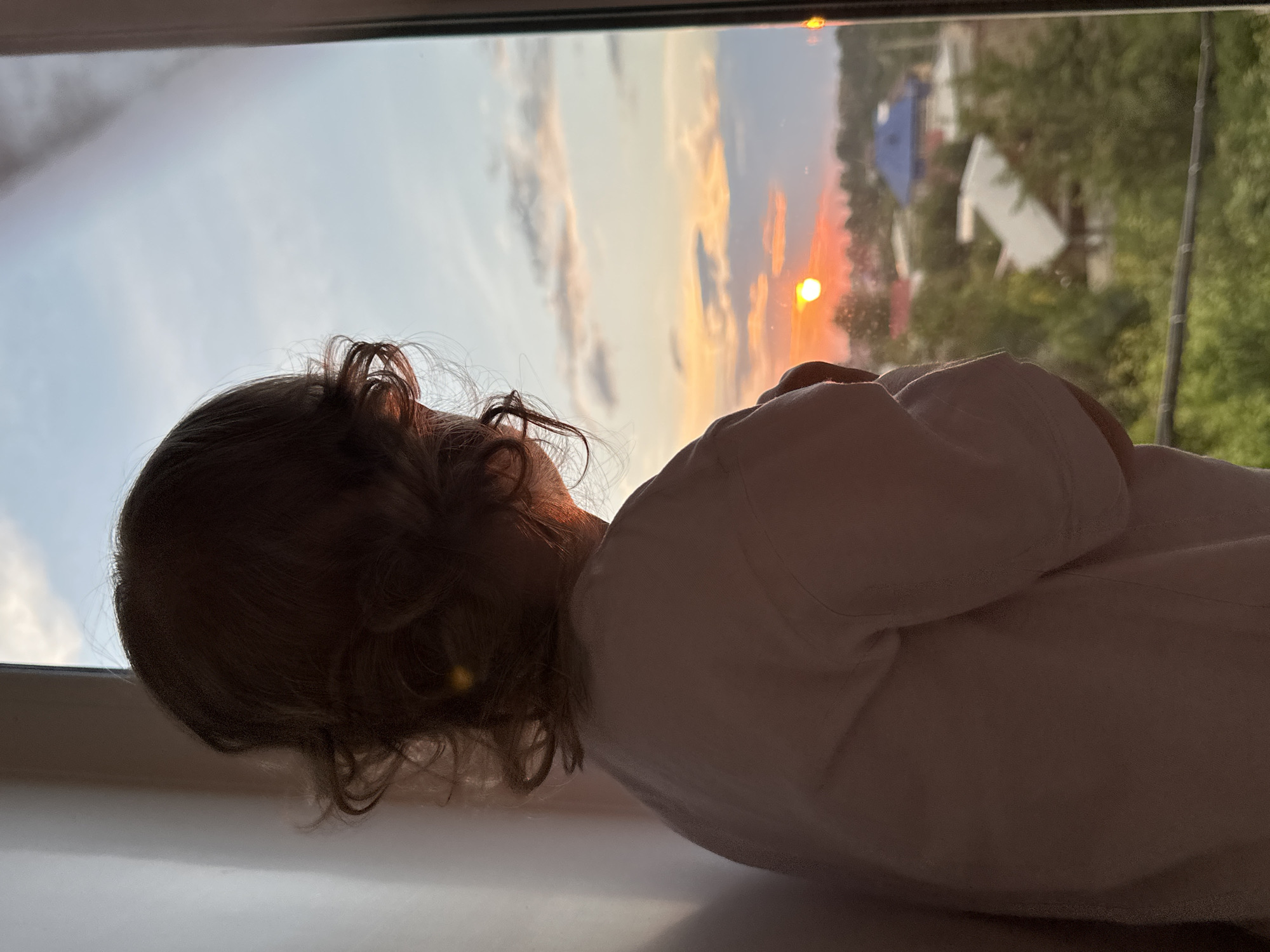 A child's back is turned to the camera, looking out a window at a sunset over a suburban landscape. The child has curly brown hair and is wearing a light-colored t-shirt. The sunset is vibrant with orange and pink hues, and the sky is dotted with clouds. Below the sunset, houses and trees are visible. The image is taken from inside a room, with a white wall on the left and the window frame on the right.