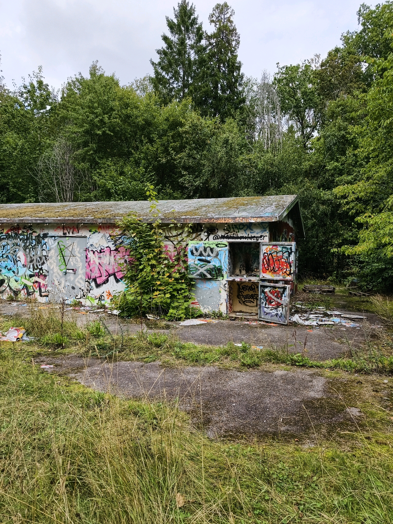 The image depicts an abandoned, graffiti-covered building situated in a wooded area. The structure appears to be a small, single-story shed or outbuilding with a sloped roof. Its walls are extensively covered in colorful graffiti. One side of the building has an open doorway, revealing the interior which is also tagged with graffiti. There are several openable sections or small doors on this side, some of which are ajar. The immediate surroundings of the building are overgrown with tall grass and weeds, suggesting a lack of maintenance. Scattered debris, possibly trash or old materials, is visible on the ground in front of and around the structure. The building is nestled amongst dense green trees, indicating a rural or semi-rural setting. The sky is overcast. There are no people or animals visible in the image. The scene suggests a place that has been neglected and possibly used for vandalism or illicit activities.