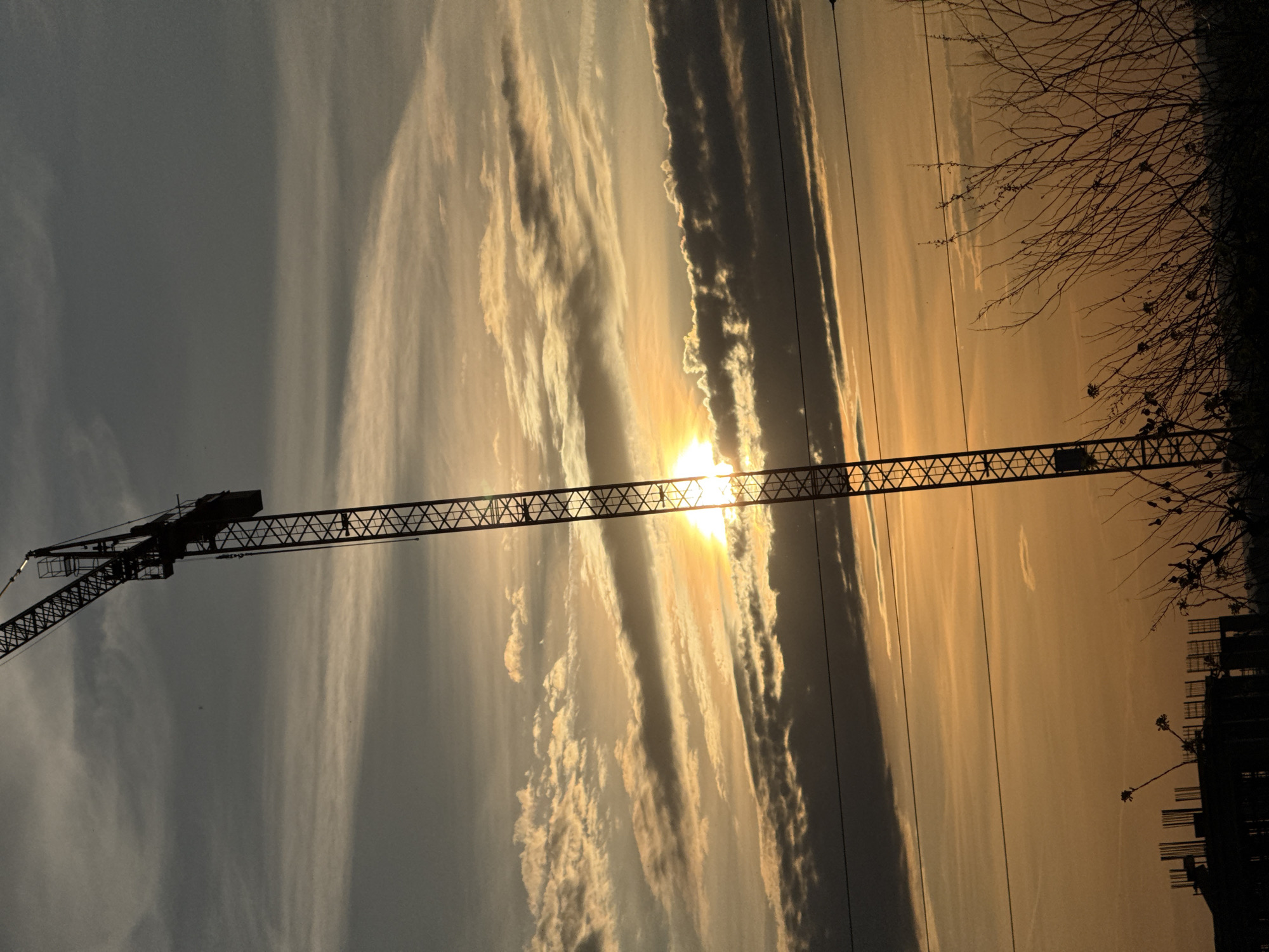 The image shows a crane silhouette against a dramatic sky at sunset or sunrise. The crane is on the left, extending horizontally towards the right. The sun is positioned behind the crane's arm, creating a bright glare. In the background, there are clouds with varying shades of gray and golden hues. On the right side, there are silhouetted branches and the outline of a building or structure. The location is likely within Pleven, Bulgaria, given the prompt's request. No people are visible in the image.