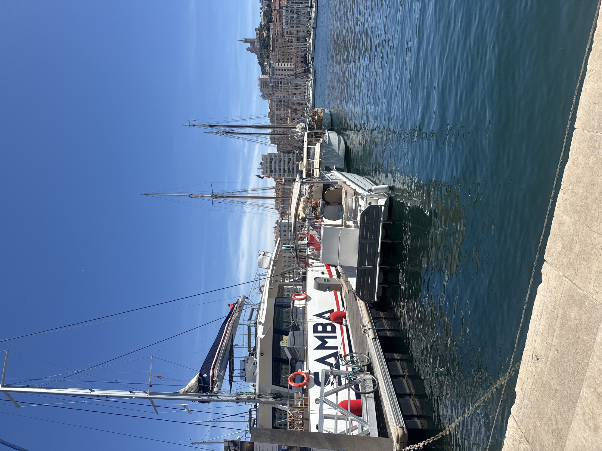 A bright, sunny daytime, low-angle shot shows a waterfront scene in an urban harbor. In the foreground, a light gray concrete embankment is visible. Beyond it, the deep blue water of the harbor is calm with gentle ripples reflecting the sky and boats. A black chain is partially submerged in the water, running along the edge of the embankment.
Dominating the left side of the image is a large white catamaran-style boat docked at a gray metal and black rubber pontoon. The word "SAMBA" is prominently displayed in large, black sans-serif letters on the side of the catamaran. Two orange life preservers are attached to the hull. A light blue bicycle is parked on the pontoon near the front of the catamaran. To the right of the catamaran, another white boat with a gray roof is docked.
In the background, a city skyline rises behind the boats. Buildings of various heights and architectural styles, mostly white and beige, are packed together. Several sailboats with tall masts are anchored further out in the harbor. Atop a hill in the distance, a prominent white basilica-like structure with a dome and spire is visible. The sky is a clear, vibrant blue with no clouds.