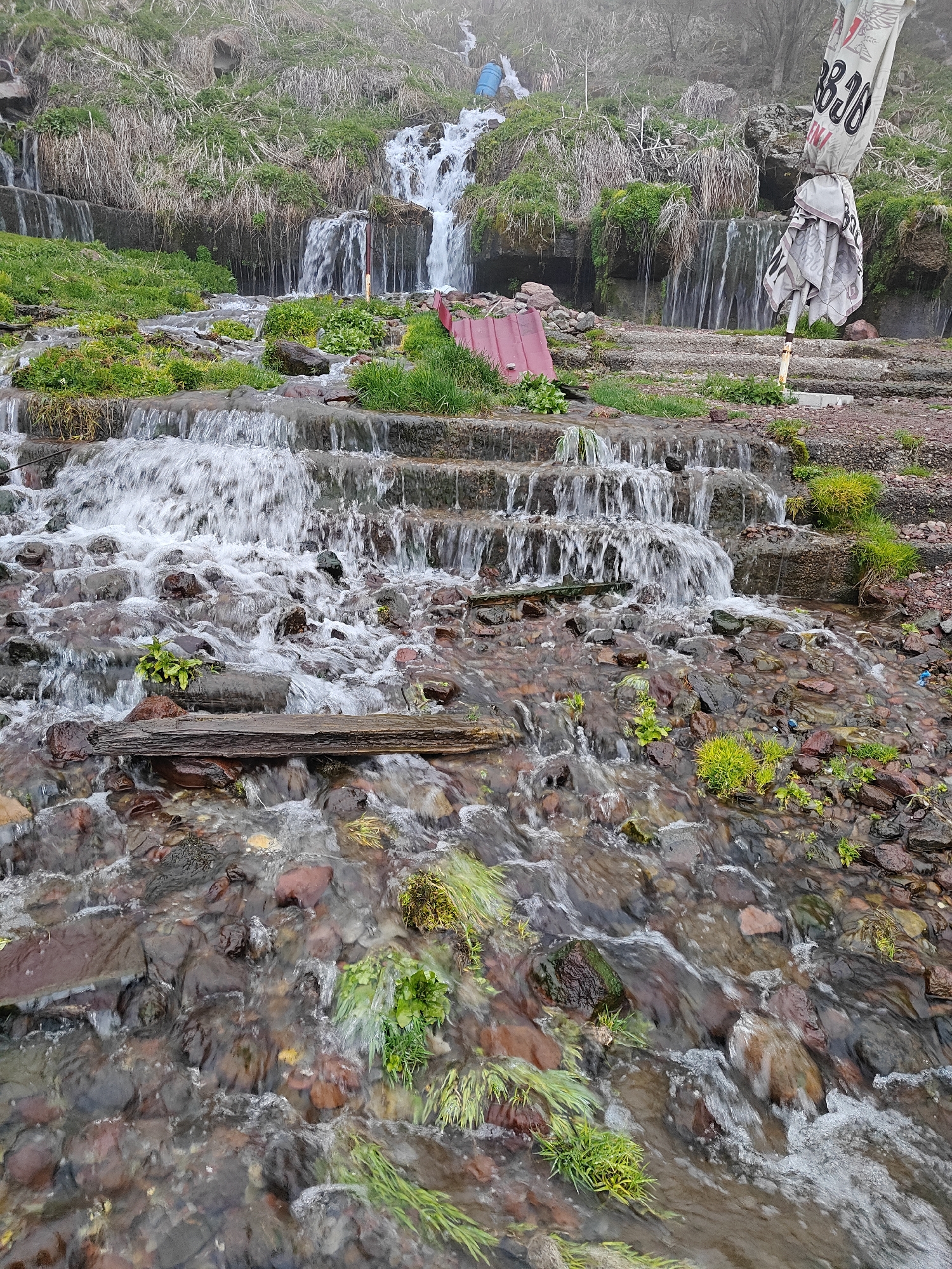 The image captures a multi-tiered cascading stream or waterfall in a lush, rocky, and verdant environment, characteristic of Zemo Mleta, Georgia. The water descends over a series of natural rocks and man-made concrete or stone steps, creating numerous small waterfalls and rapids throughout the scene.
In the foreground, clear water rushes over smooth, wet, reddish-brown and grey rocks. Patches of vibrant green moss and grass thrive alongside and within the stream. A dark, weathered wooden plank or log rests horizontally across the flowing water in the lower-middle section of the frame.
The midground continues the cascading stream over more structured tiers and natural rock formations, densely bordered by various green plants. A partially visible red object, possibly plastic or metal, is situated on the left bank of the stream in this section.
The background reveals a steep, grassy slope covered with a mix of dry, tall grasses and greener vegetation. Near the top left, partially obscured by mist and vegetation, a blue barrel or container is visible. On the right side, a folded, white-grey fabric banner or umbrella is secured to an upright pole. Visible text on the banner includes the numbers "8838" and other indistinct characters or a logo.
The scene appears to be set on an overcast or misty day, particularly evident from the hazy upper background, suggesting soft, diffused lighting with no strong shadows. No people are present. The blend of natural water flow with structured elements suggests human adaptation of the landscape, possibly for practical purposes or aesthetic enhancement.