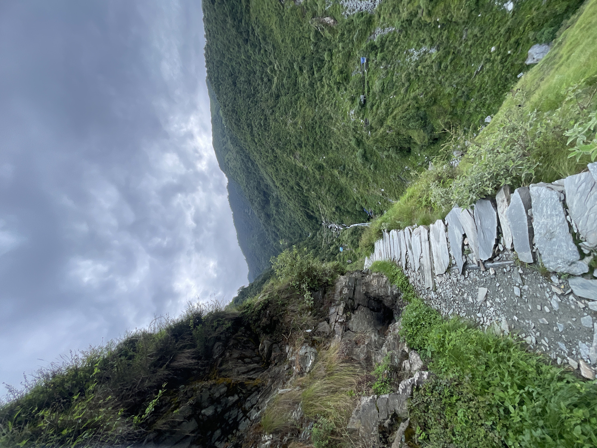 An overcast sky looms over a steep, lush green mountainside in Bhagsu, India. A stone pathway, laid with uneven grey flagstones, winds its way up the side of the mountain, bordered on the left by a rocky, moss-covered cliff face and on the right by a steep grassy slope. Vegetation, including grass and small bushes, grows along the path and clings to the cliff. In the distance, a waterfall cascades down the mountainside, and several small structures, some with blue tarps, are visible nestled within the trees. The overall scene is one of natural beauty and rugged terrain.
