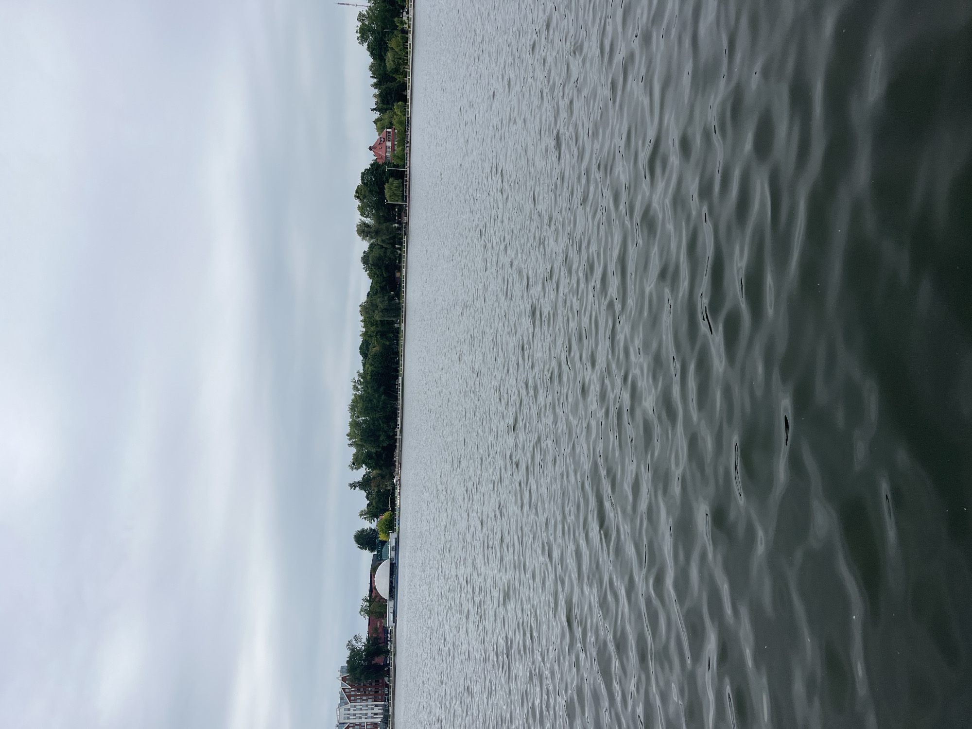 The image shows a body of water with gentle waves, reflecting an overcast sky. In the background, along the shoreline, there are buildings, trees, and what appears to be a domed structure. The architecture of the buildings suggests a European influence. Based on the landscape and architectural styles, this scene is likely located in Kaliningrad, Russia, possibly along the Pregolya River or one of its tributaries, or a waterfront promenade. The overall atmosphere is subdued, characteristic of a cloudy day. No people or specific activities are discernible in the image.
