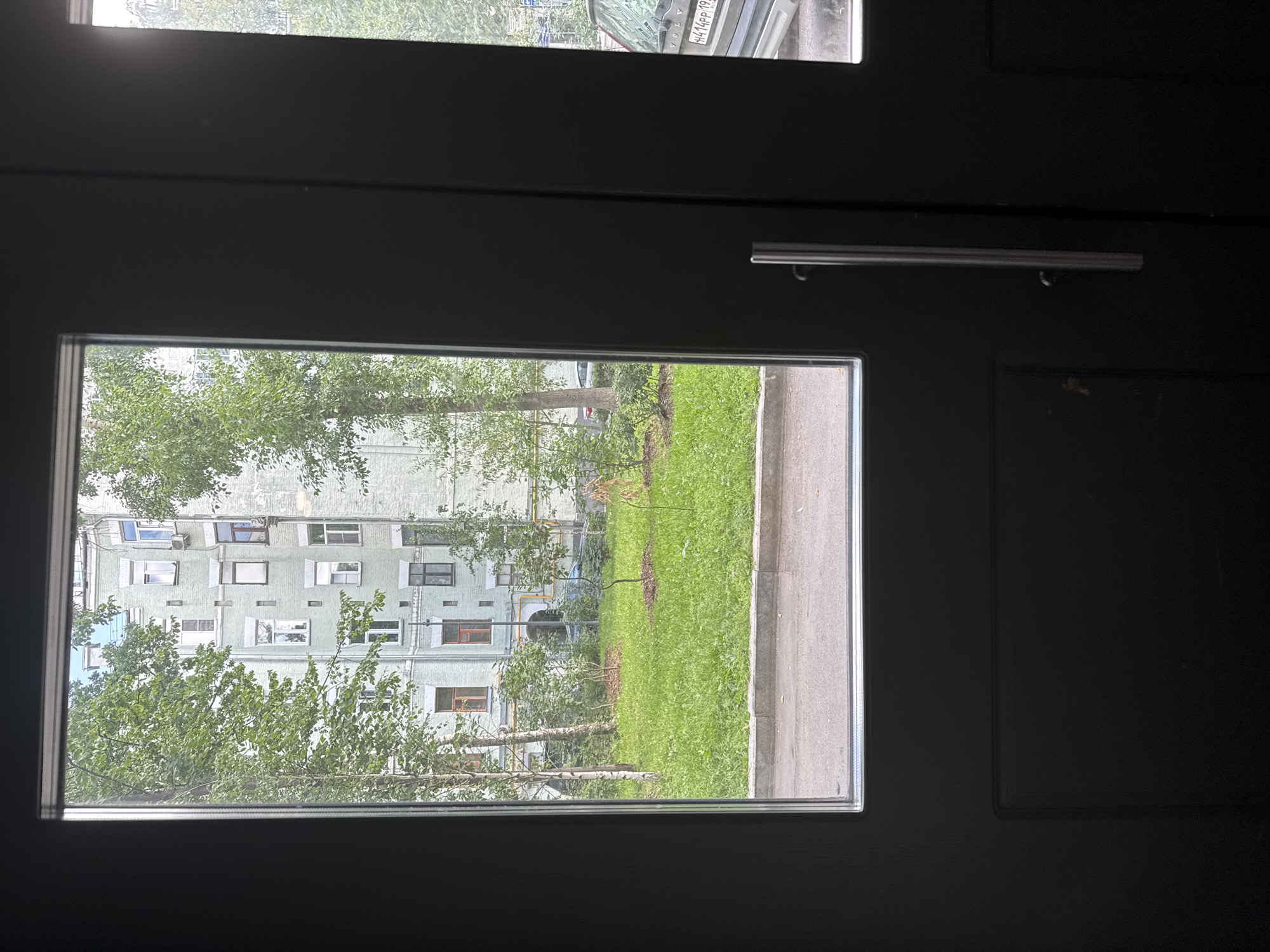 This is a vertical, eye-level shot taken from inside a dark-colored door, looking through a rectangular window. The window reveals a view of an apartment building with many windows and air conditioning units, suggesting it's an urban residential area. In front of the building, there's a strip of green grass and a sidewalk, with trees lining the foreground. The time of day appears to be daytime, with the lighting suggesting it could be morning or afternoon. The weather seems overcast or cloudy, as the light is diffused. The image provides a glimpse into a typical urban residential scene in Moscow, Russia, with the door and window frame serving as the immediate foreground. The focus is on the scene outside, with the dark door and window frame acting as a framing element. No people are visible in the image. There is some visible text on a car's license plate in the upper right portion of the image, but it is blurry and unreadable.