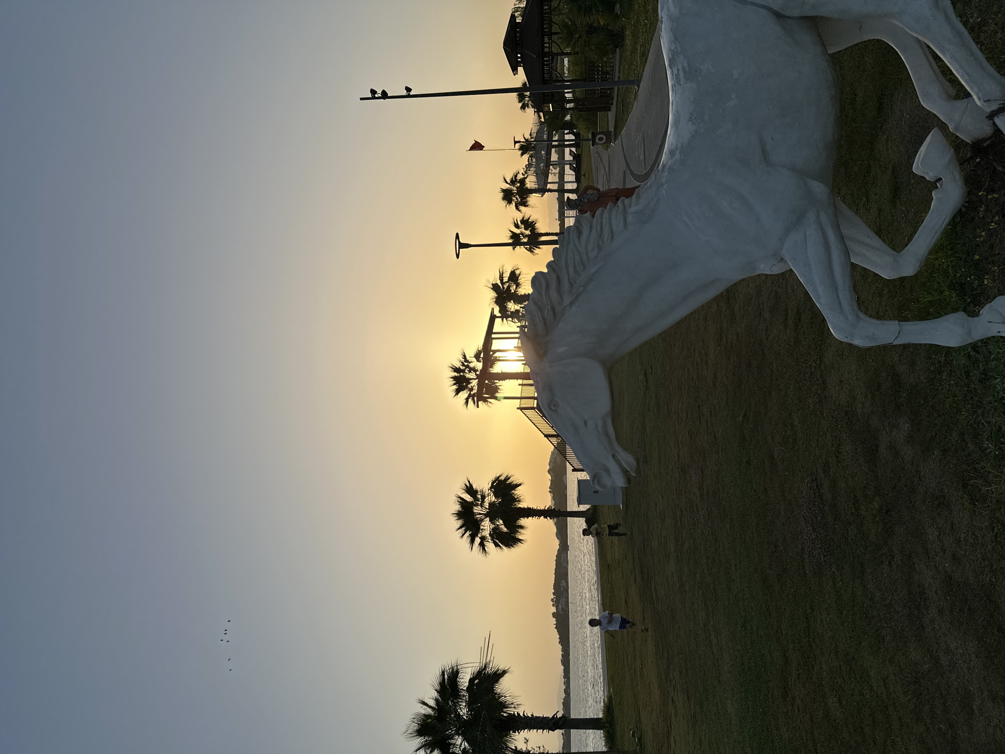 The image captures a park scene at sunset, likely along the Fethiye coastline in Turkey. A white statue of a horse dominates the right foreground. Palm trees are silhouetted against the sunset sky, some aligning with what appears to be a pier or walkway extending into the water. The sky is a gradient of blue and orange hues. Several individuals are present: a person near the water’s edge, and two people on the grass near a palm tree. A line of birds can be seen in the distant sky, while additional structures like lamp posts are visible along the pier.