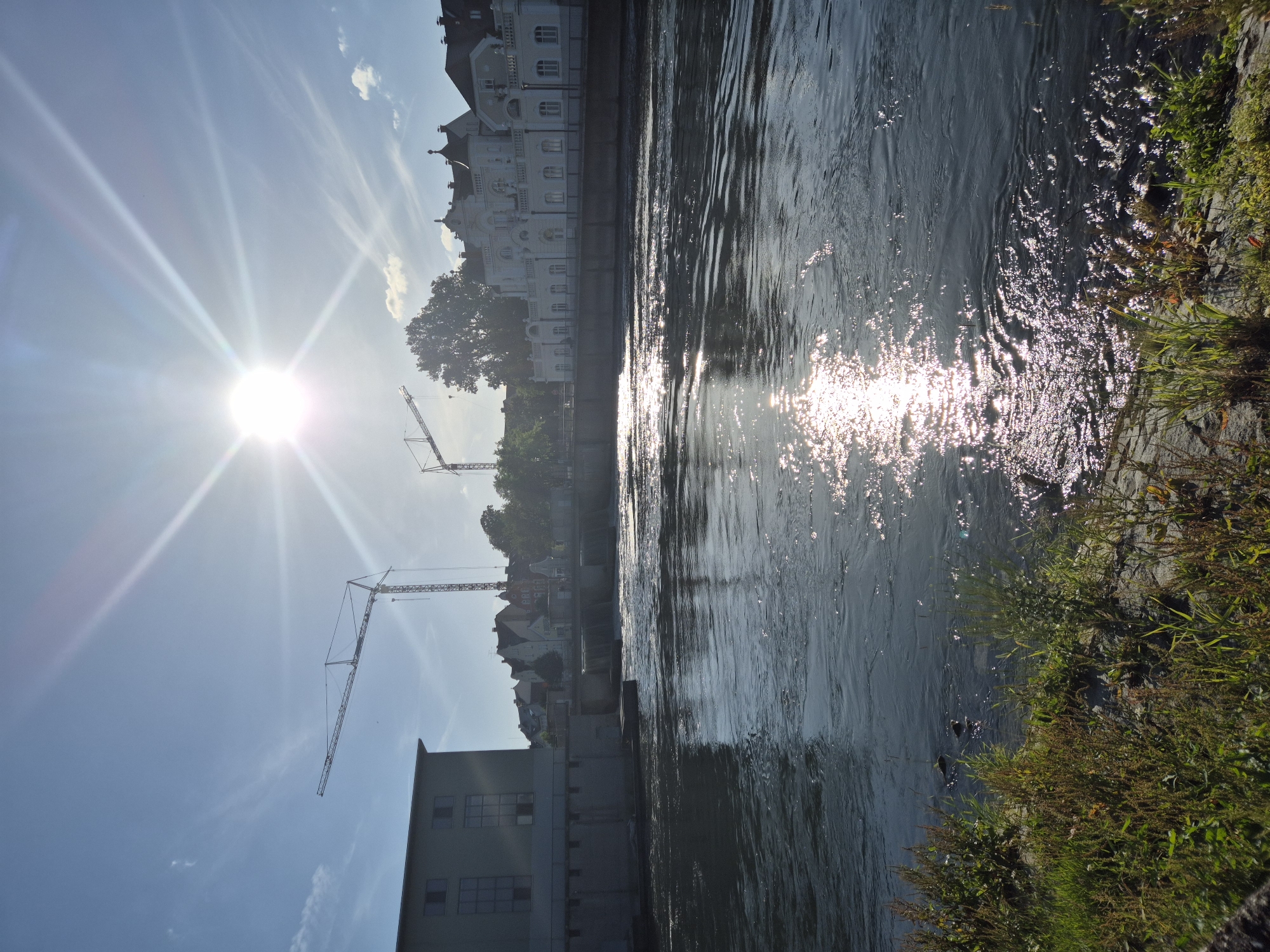 This image shows a river in Landshut, Germany, with buildings and construction cranes in the background. The sun is shining brightly, creating a glare on the water. The riverbank is covered in grass and other vegetation. In the distance, there are several buildings, including a large white building with ornate architecture. Two construction cranes are visible in the sky, suggesting that there is ongoing construction in the area. The water in the river is flowing, and there are ripples and reflections on its surface. The overall scene is one of a sunny day in a city with both historical and modern elements.