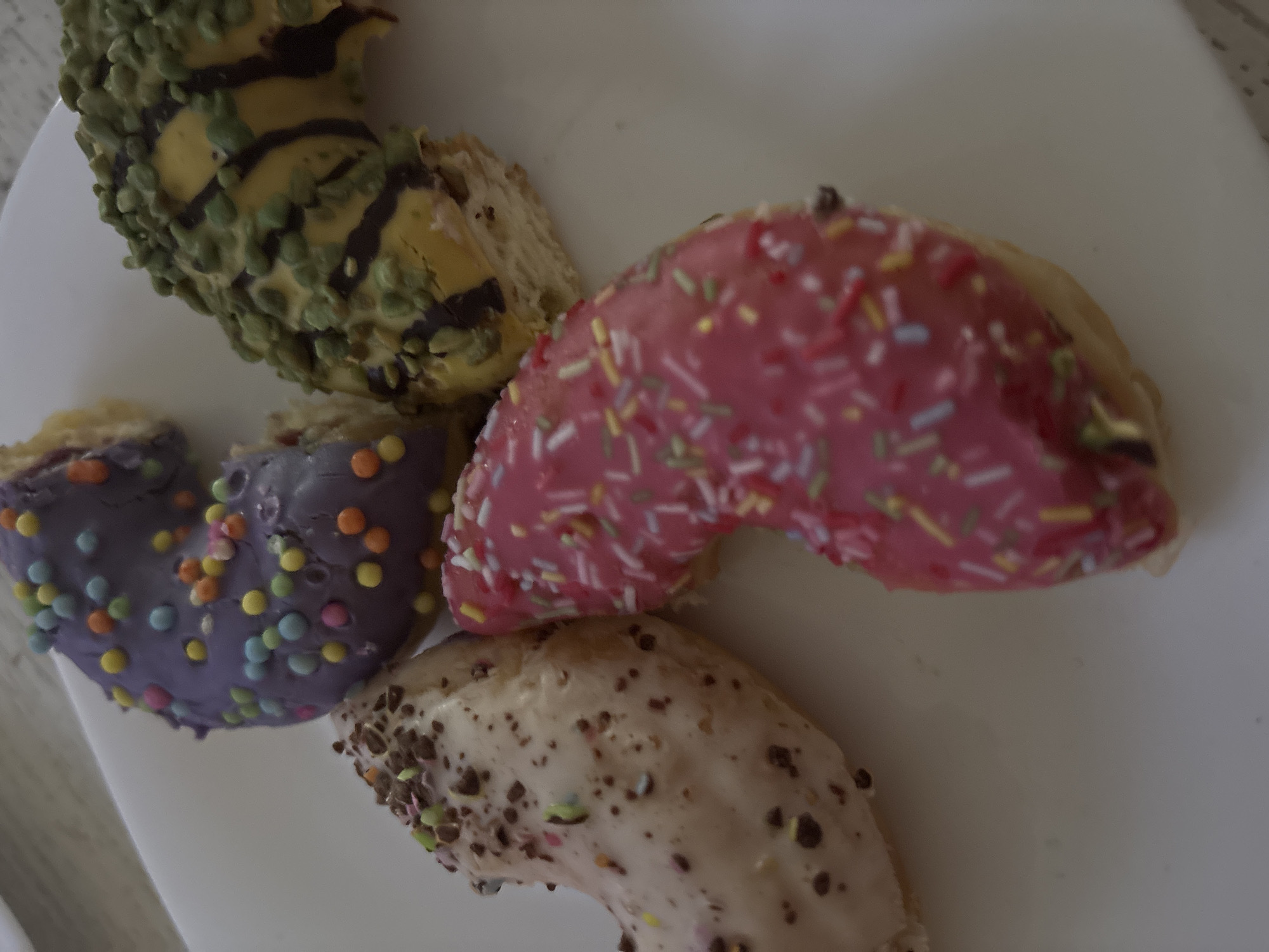 The image shows four partially eaten doughnuts arranged on a white plate. The doughnuts have different toppings: one is green and yellow with dark brown stripes and green sprinkles; one is pink with colorful sprinkles; one is purple with multi-colored round sprinkles; and one is beige with dark brown sprinkles. The doughnuts appear to be broken or have bites taken out of them. The scene is indoors, likely in a home or cafe. The location in Belgrade, Serbia is not evident from the image.