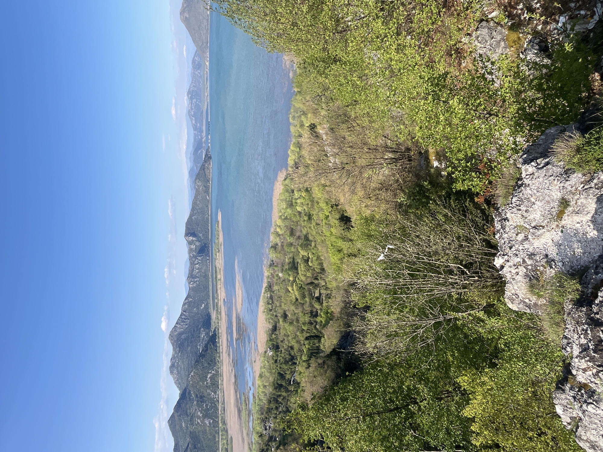 The image depicts a landscape scene in Godinje, Montenegro. The view is from an elevated position, looking out over a body of water (possibly Lake Skadar) with mountains in the background. The sky is clear and blue. The foreground consists of rocks and green vegetation, including trees and bushes. The shoreline is visible with areas of sand or sediment. In the body of water, there are patches of light-colored shallows.