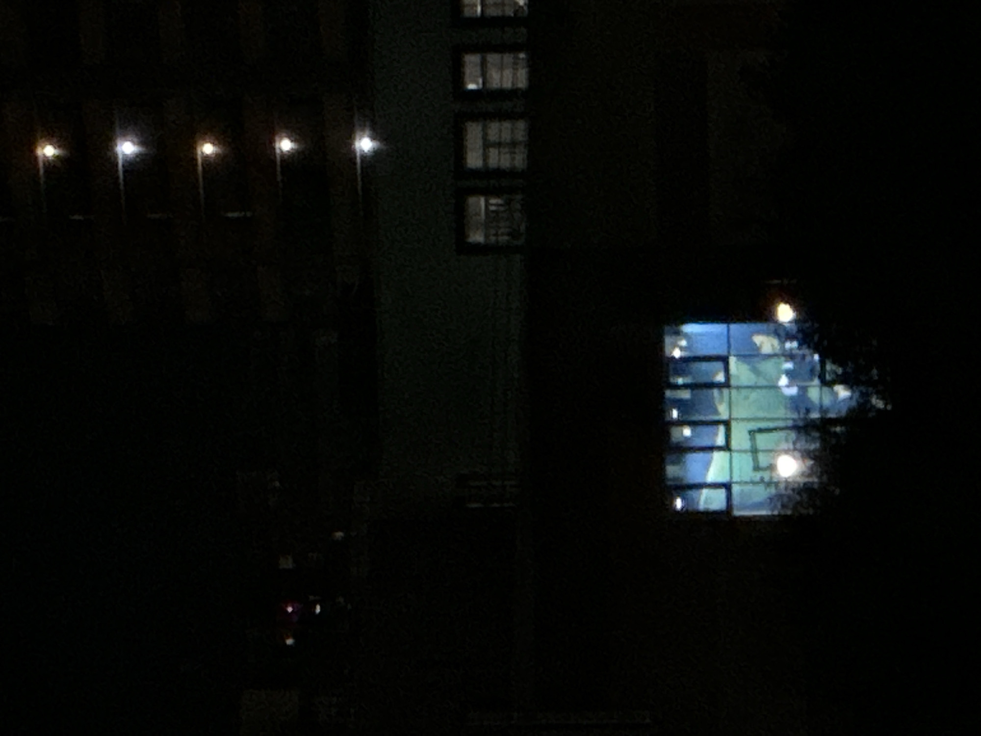 The image captures a nighttime view of buildings in Sinyavino, Russia. Several windows are visible, some illuminated from within, suggesting interior lighting. A distinct section of a building lower in the frame features large, brightly lit windows that reveal glimpses of what appears to be an indoor space with colorful elements. The overall scene is dark, with artificial lights from the buildings being the primary source of illumination.