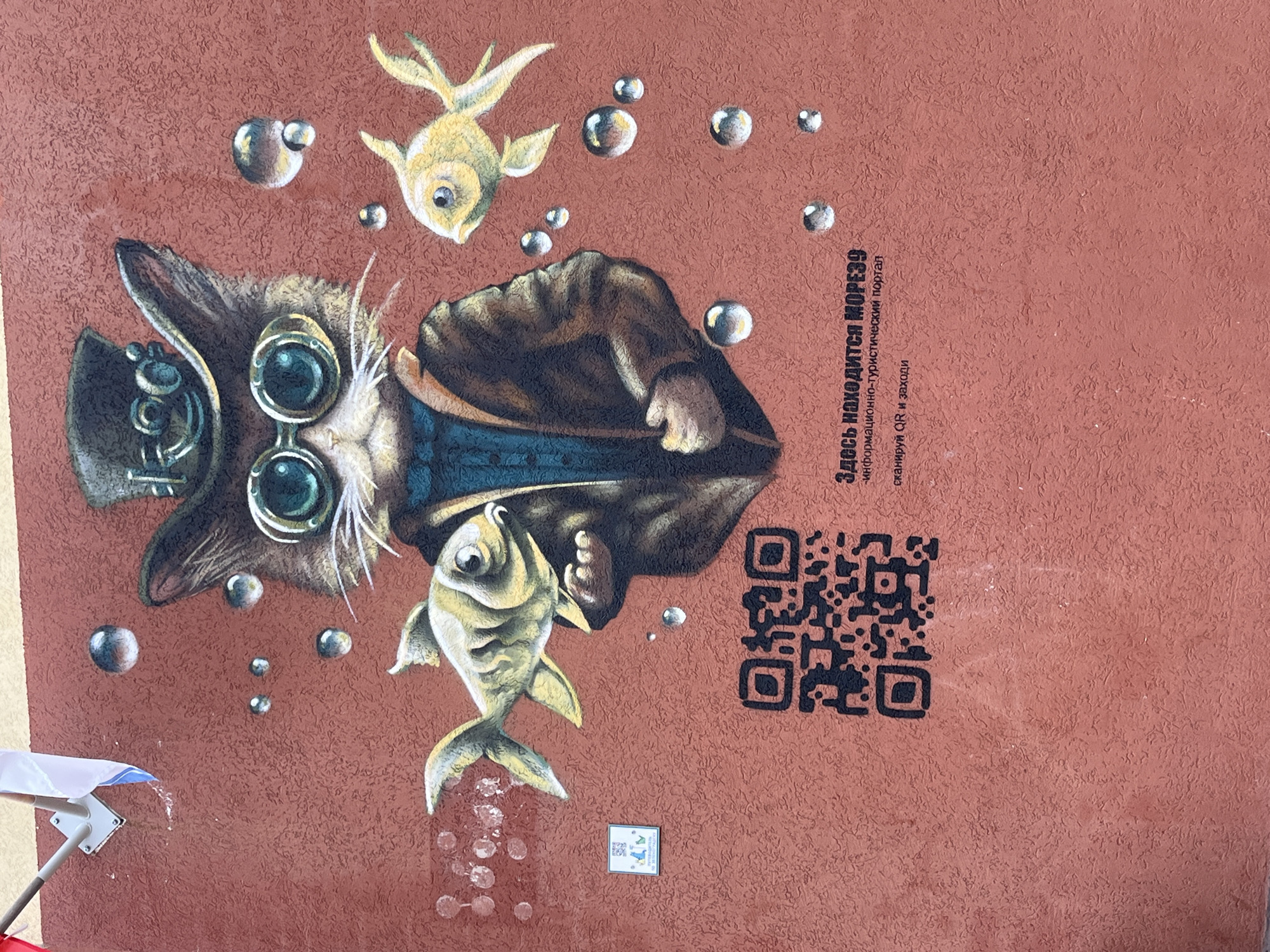 A mural on a textured reddish-brown wall depicts a whimsical cat wearing a top hat and goggles, holding a golden fish in its paw. Another golden fish swims nearby, and several bubbles float around the cat and fish, suggesting an underwater or fantastical scene. Below the mural, a QR code is prominently displayed, along with Russian text that translates to "Here is MORE39 - informational and tourist portal. Scan the QR and enter." A small, square plaque with a map and text is also visible on the wall to the left of the QR code, indicating a specific location or service. A part of a flagpole with white and blue flags can be seen at the top left of the image, suggesting the mural is in a public outdoor space. This mural is located in Zelenogradsk, Russia, a city known for its cat-themed attractions.
