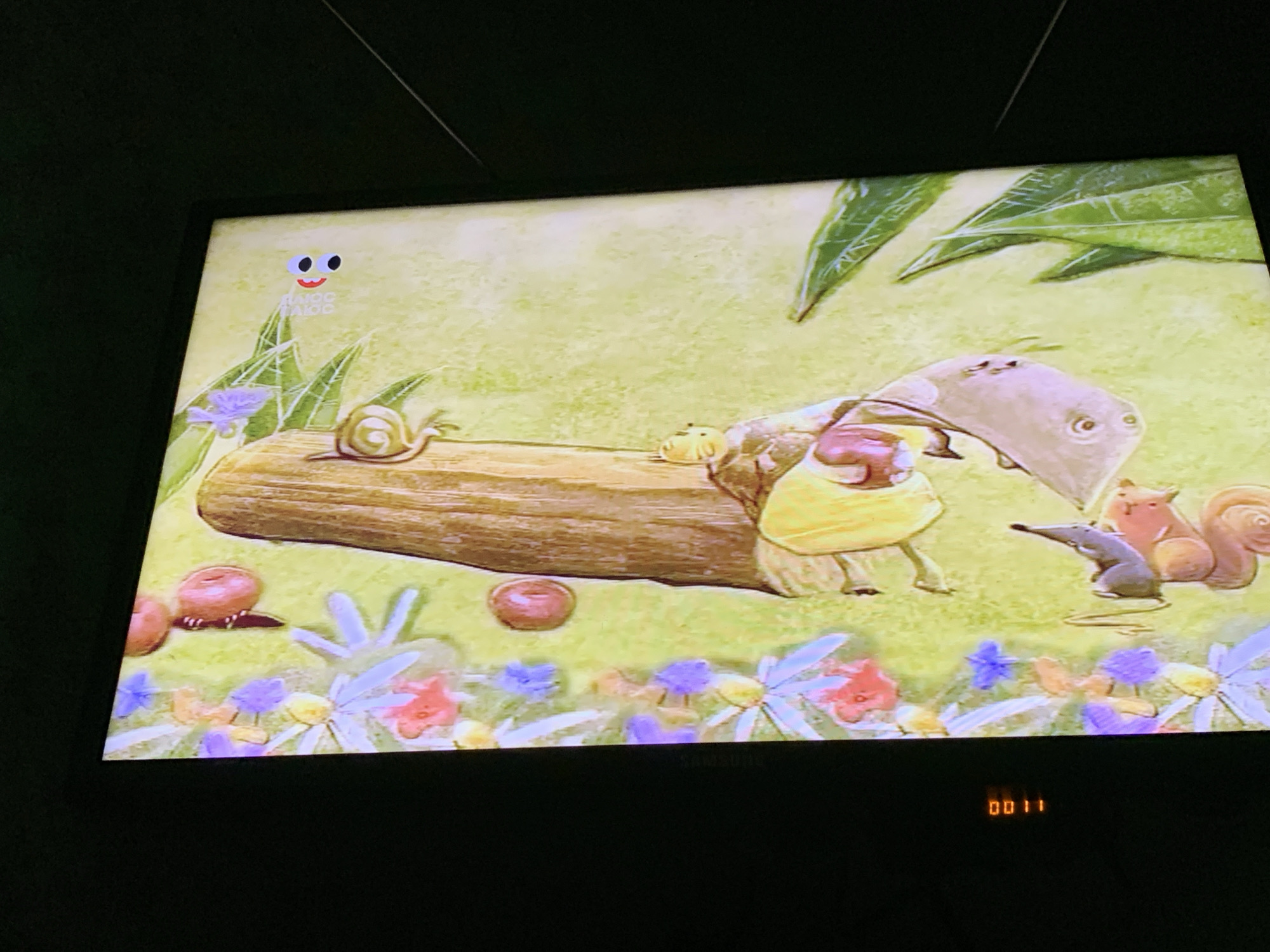This is a photograph of a television screen displaying an animated scene with a light green background that appears to be a grassy field with flowers. In the center of the screen, a log lies horizontally. On the log, a light brown creature, possibly a snail, is visible. To the right of the log, a tan-colored creature with a long snout and two small ears is depicted. In front of this creature, a small gray mouse-like animal is shown. To the right of the tan creature, a light brown squirrel with a bushy tail is present. The scene also includes various colorful flowers and green leaves. In the upper left corner of the screen, a small, simple animated face with blue eyes and a red mouth is displayed. The lower portion of the screen shows the numbers "00:11" in orange digital display. The image was taken in Lymanka, Ukraine.