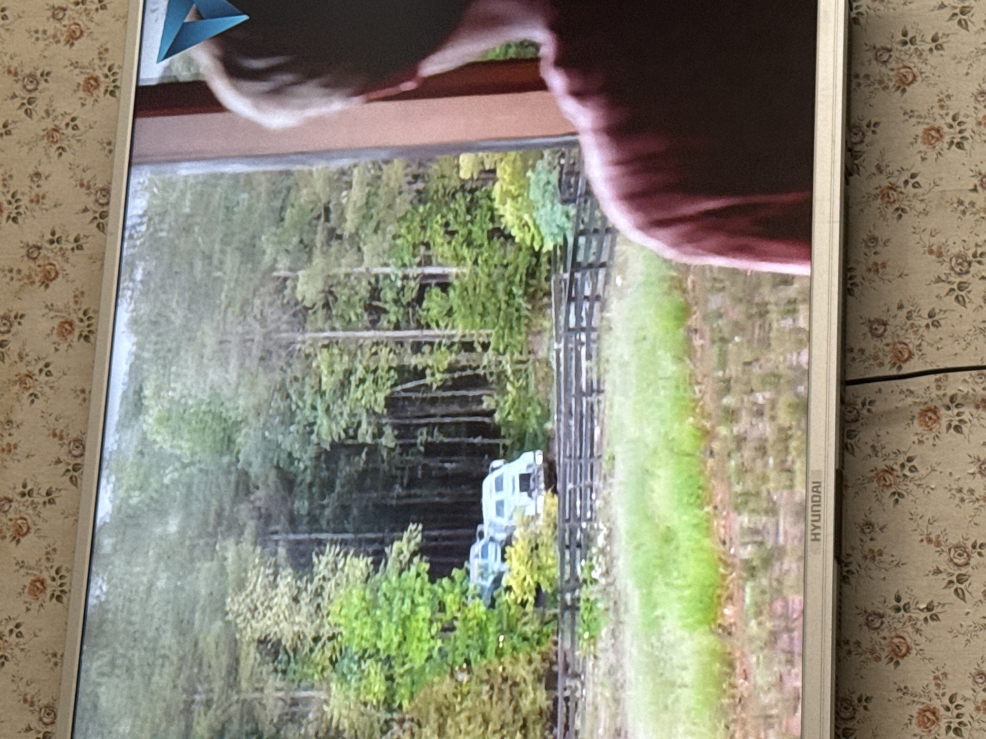 The image shows a Hyundai television displaying a view of a wooded area with a light-colored recreational vehicle (RV) visible through the trees. A wooden fence runs along the edge of the wooded area, bordering a grassy field. Part of a person's head and shoulder are visible in the foreground, suggesting the image is a photograph of a television screen. The background consists of a patterned floral wallpaper. The location is not determinable from the content of the image.
