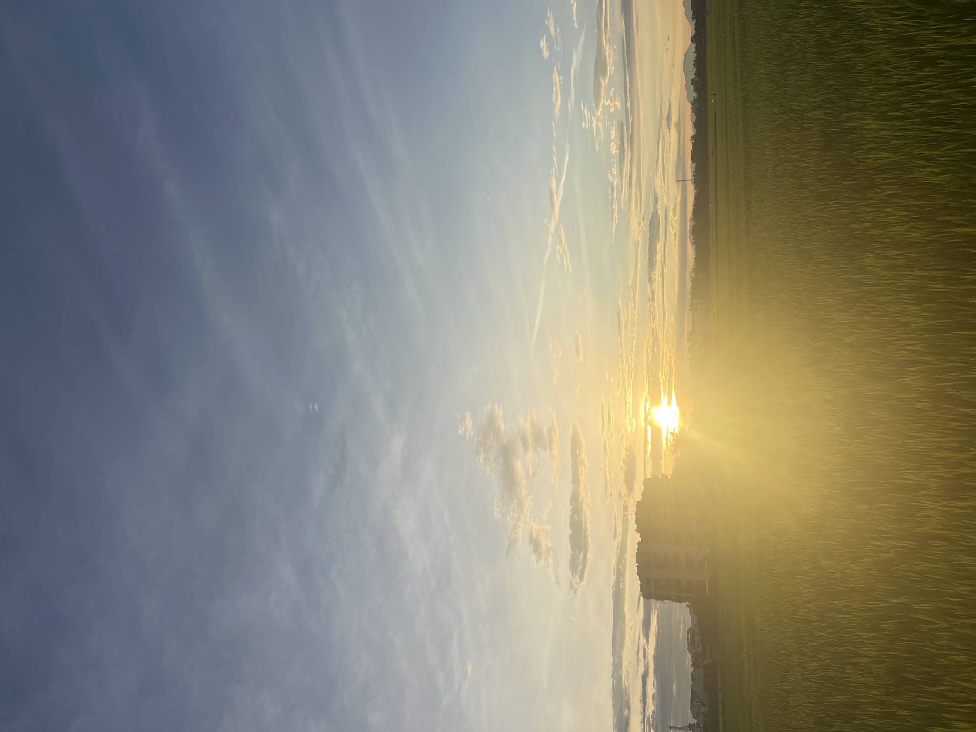 A wide shot captures a serene sunset over a lush green rice paddy field in Hoi An, Vietnam. The sun, a brilliant orb of light, is positioned just above the horizon, casting a warm, golden glow across the entire scene. The sky is a canvas of soft blues and grays, with scattered wispy clouds tinged with orange and yellow from the setting sun. In the mid-ground, a modern apartment building stands silhouetted against the vibrant sky, its windows reflecting the sunlight. To the left of the building, a cluster of smaller houses and trees can be seen, suggesting a rural or semi-urban setting. The foreground is dominated by the meticulously cultivated rice paddy, its dense green stalks stretching towards the viewer, creating a textured and immersive foreground. The overall atmosphere is tranquil and picturesque, showcasing the natural beauty of Vietnam's countryside bathed in the magical light of sunset.