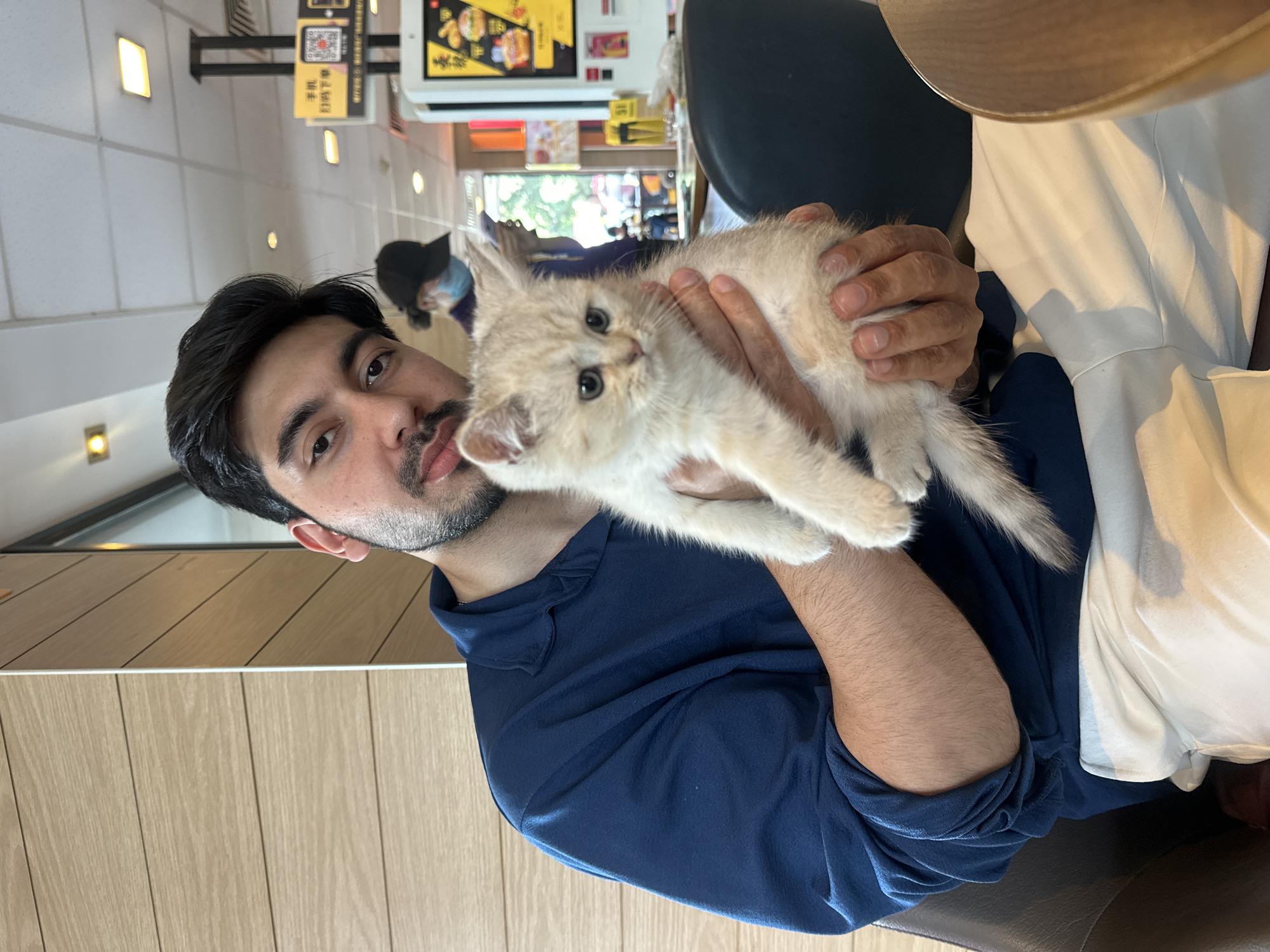 A young man with dark hair, a beard, and a mustache holds a small, light-colored kitten, both looking towards the camera. The man wears a dark blue collared shirt and has a slight smirk, while the kitten, possibly cream or light ginger, has wide, dark, curious eyes. The setting is indoors, strongly resembling a fast-food restaurant or casual dining establishment, located in Chongqing High-tech Zone, China.
The background features light wooden paneling on the wall and ceiling tiles with recessed lighting. Various signs are visible, displaying Chinese text, QR codes, and images of food items such as burgers and fries, suggesting a menu or promotional display. Specifically, characters like "手机" (mobile phone) and "扫码下载" (scan code to download) are discernible on one sign. A white tablet-like screen also appears as part of the background decor.
To the right, part of a white shirt and a dark brown seat are visible. In the blurred background, another person can be seen wearing a dark cap and potentially a light blue face mask. The environment is brightly lit, indicating a well-maintained interior. The man's hands gently support the kitten, capturing a tender and casual moment.