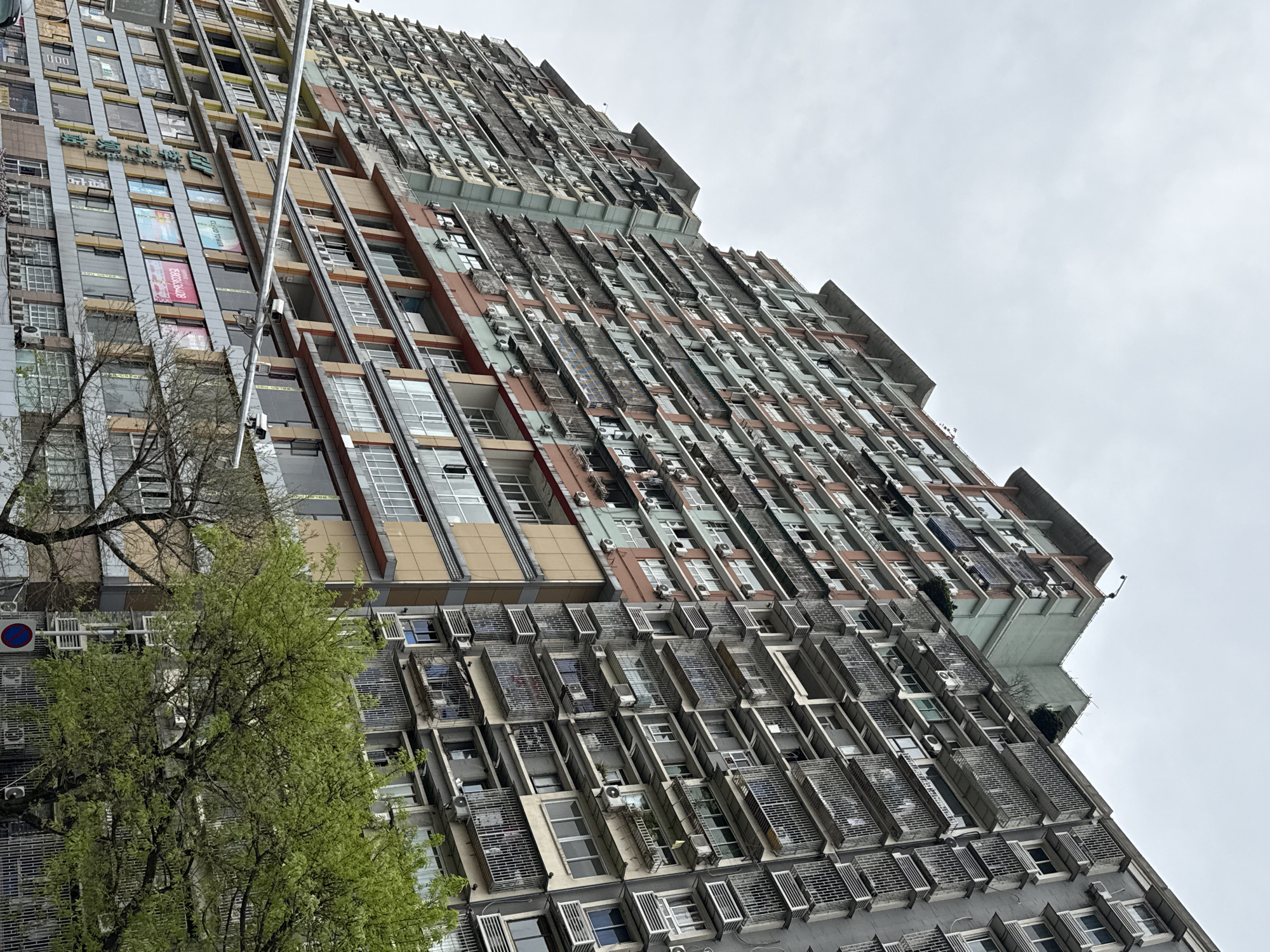 A tall, densely packed high-rise building dominates the frame, captured from a low-angle perspective looking upwards. The structure features a complex, stepped design with multiple setbacks, giving it a somewhat jagged profile against a uniform, overcast grey sky. The facade is a mosaic of different materials, including sections of reddish-brown, tan, and various shades of grey cladding, some appearing to be concrete.
Numerous windows, many equipped with external air conditioning units, punctuate the building's surface. Many windows and balconies are enclosed or fronted by intricate metal grates, louvers, or cages, creating a busy, textured appearance across the entire edifice. These elements suggest a mix of residential and commercial spaces, indicating a bustling urban environment.
In the lower left foreground, a vibrant green tree with abundant leaves partially obscures the building's base. Higher up, bare branches of another tree are visible against the building, particularly on the left side. A thin metal pole or light standard rises vertically in the mid-ground on the left. A small blue circular sign with a red diagonal line, typically indicating no parking or stopping, is visible near the base of the tree.
Visible text on the building, specifically on the left-central section, includes Chinese characters "嘉华大厦" (Jiāhuá Dàshà) and the English translation "GALLERIA TOWER". Other less legible commercial signs, including one that appears to read "EEZEE CLUB," are also present on various window panels. The sky is uniformly cloudy, suggesting an overcast daytime. No people or specific activities are discernible. The architectural style, density, and visible text align with the provided location context of Yuzhong District, China.