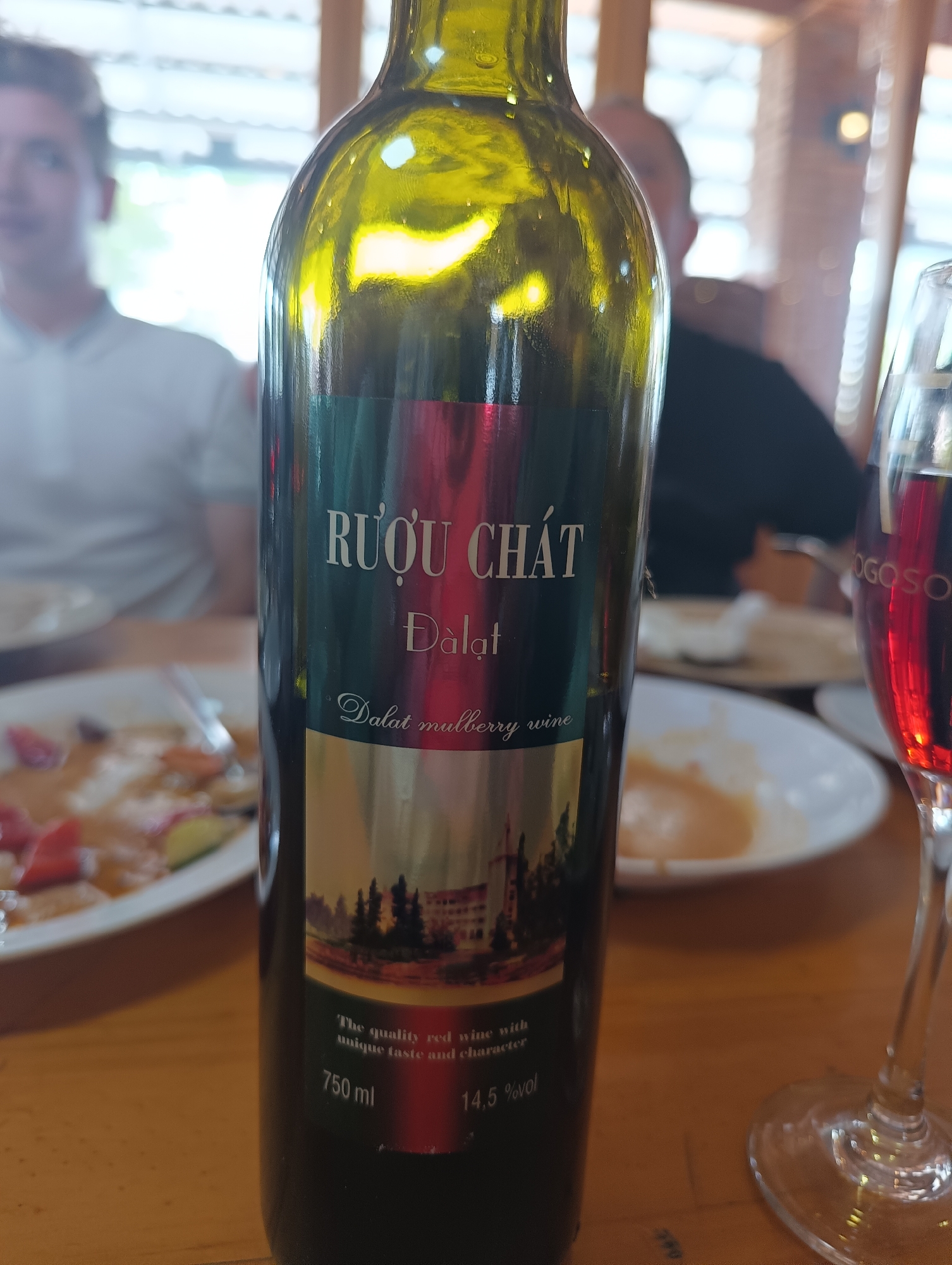 In Lương Sơn, Vietnam, a dimly lit indoor setting features a partially filled glass of red wine and a dark green wine bottle on a wooden table. The bottle's label displays Vietnamese text, "RƯỢU CHAT DALAT," and "Dalat mulberry wine," along with the volume "750 ml" and an alcohol percentage of "14.5 % vol." In the blurred background, two individuals are visible, one with light-colored clothing and another wearing a dark shirt. Plates of food are also present on the table.