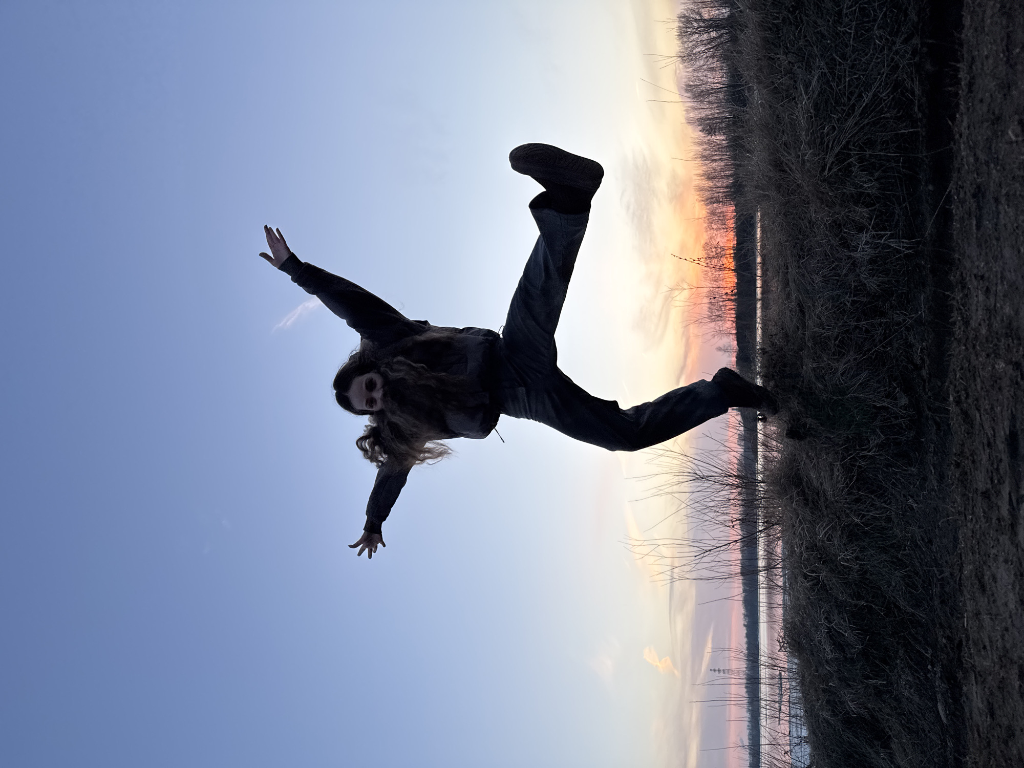 A person is captured in motion against a backdrop of a muted sunset or sunrise scene. The person is silhouetted, with arms outstretched and one leg raised, giving the impression of leaping or falling. They have long hair. The background transitions from a clear blue sky to a horizon line with vegetation and trees, some of which are bare. The scene suggests an outdoor location possibly near a wooded area or open field. I am unable to identify its location as Chaikovsky, Russia.
