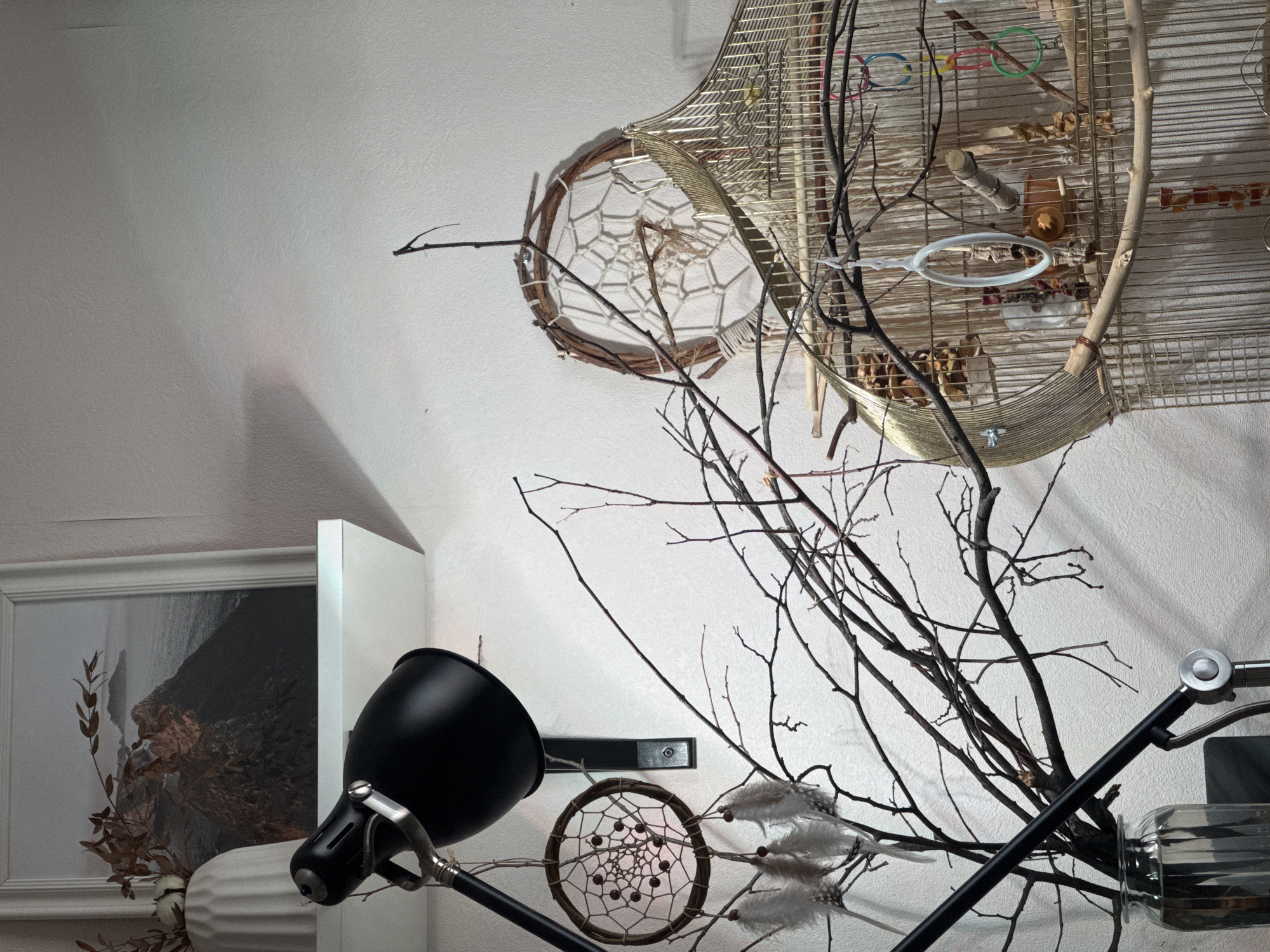 The image depicts an indoor scene with several decorative items and a birdcage. On a white shelf, a framed picture of a rocky coastline is displayed next to a white vase holding dried foliage and cotton. A black desk lamp with a flexible arm is positioned in the foreground, with a small dreamcatcher adorned with feathers hanging from it. Branches of a tree have been placed in a glass jar, adding a natural element to the composition. To the right, a decorative birdcage is visible, containing various perches and toys, including colorful rings and dried food. A larger, more elaborate dreamcatcher hangs above the birdcage. The overall setting appears to be a domestic interior, likely a living room or study, in Izhevsk, Russia, characterized by a bohemian or naturalistic decorative style. There are no people present in the image.