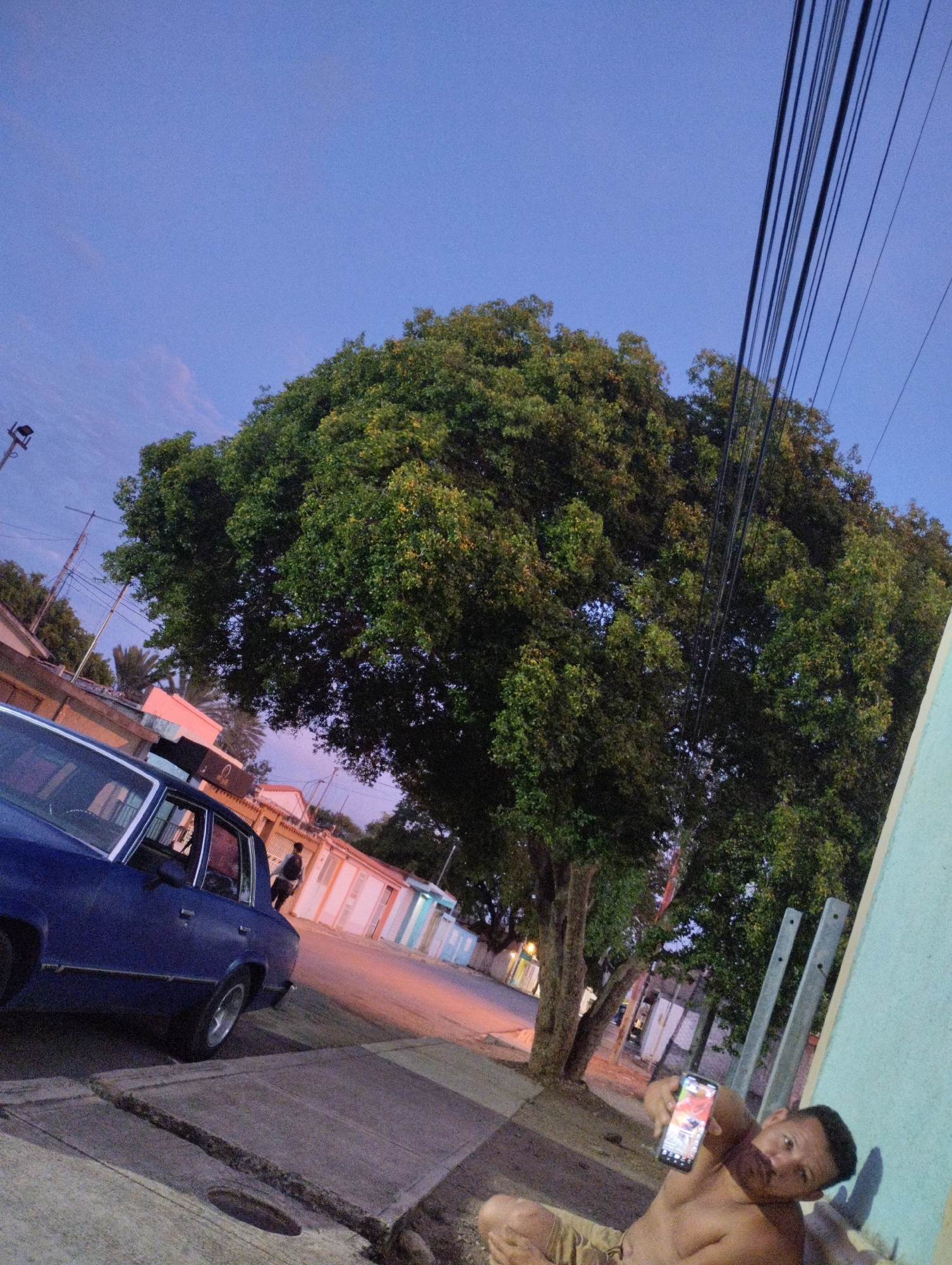 The image captures a street scene at dusk in El Dátil, Venezuela. A blue vintage sedan is parked on the left side of the frame, with its driver's side door open. In the foreground, a shirtless man is lying down, holding up a smartphone in his right hand, as if taking a selfie. He is wearing light-colored shorts. Behind him, a large, leafy tree dominates the mid-ground. The background shows a row of colorful houses and utility poles with numerous wires overhead. The sky is a deep blue with hints of pink, indicating the transition from day to night. The overall impression is a candid snapshot of everyday life in a Venezuelan neighborhood.