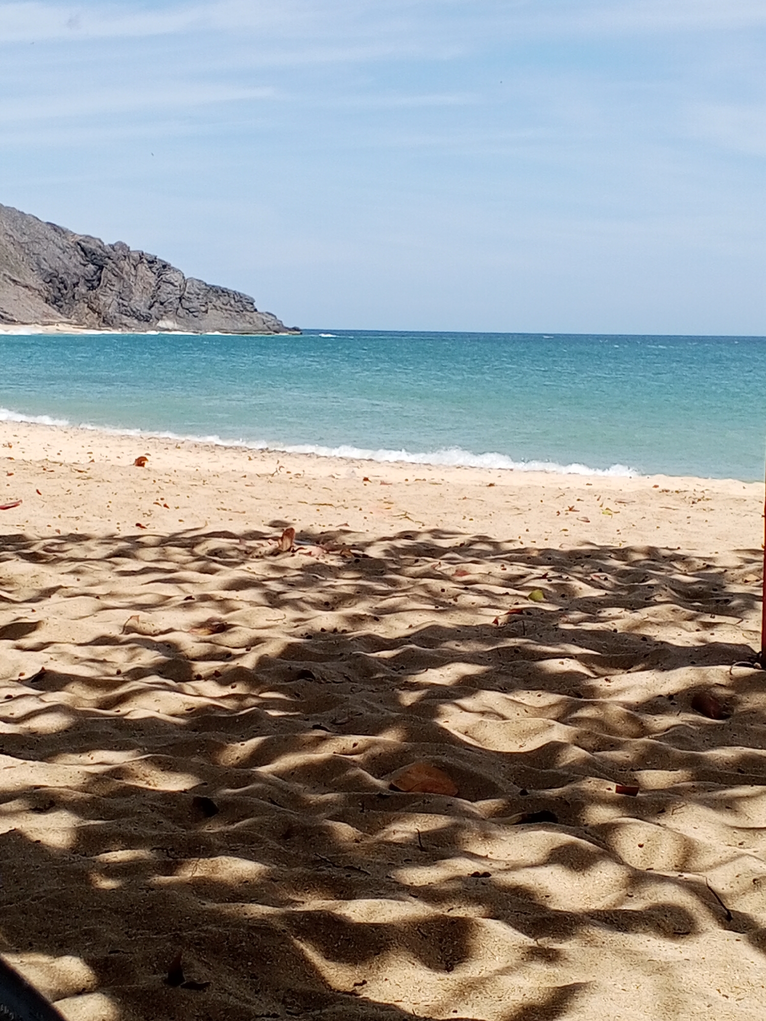 The image depicts a serene beach scene with the turquoise waters of the Caribbean Sea meeting a sandy shore. In the background, rugged, grey rock formations rise dramatically from the coastline, hinting at the natural beauty of La Tagua, Venezuela. The foreground is dominated by textured sand, casting dappled shadows from unseen foliage, creating a sense of shade and tranquility. The gentle waves suggest a calm day, and there are no visible people or man-made structures in the immediate vicinity, emphasizing the untouched, natural aspect of the location.