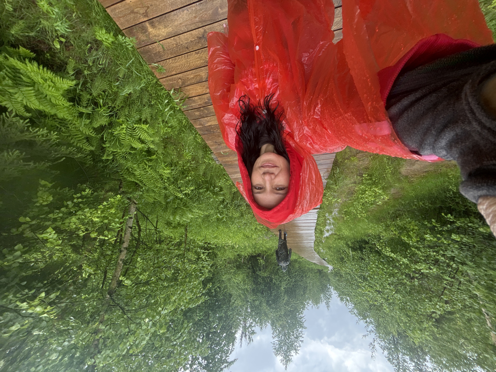 The image shows a woman in a red raincoat taking a selfie on a wooden boardwalk through a lush green forest. Another person in a dark raincoat is walking away on the boardwalk in the distance. The boardwalk appears wet, suggesting it might be raining. The forest is dense with trees and ferns. The sky is overcast. The location is identified as Shumiha, Russia, a city known for its natural surroundings.
