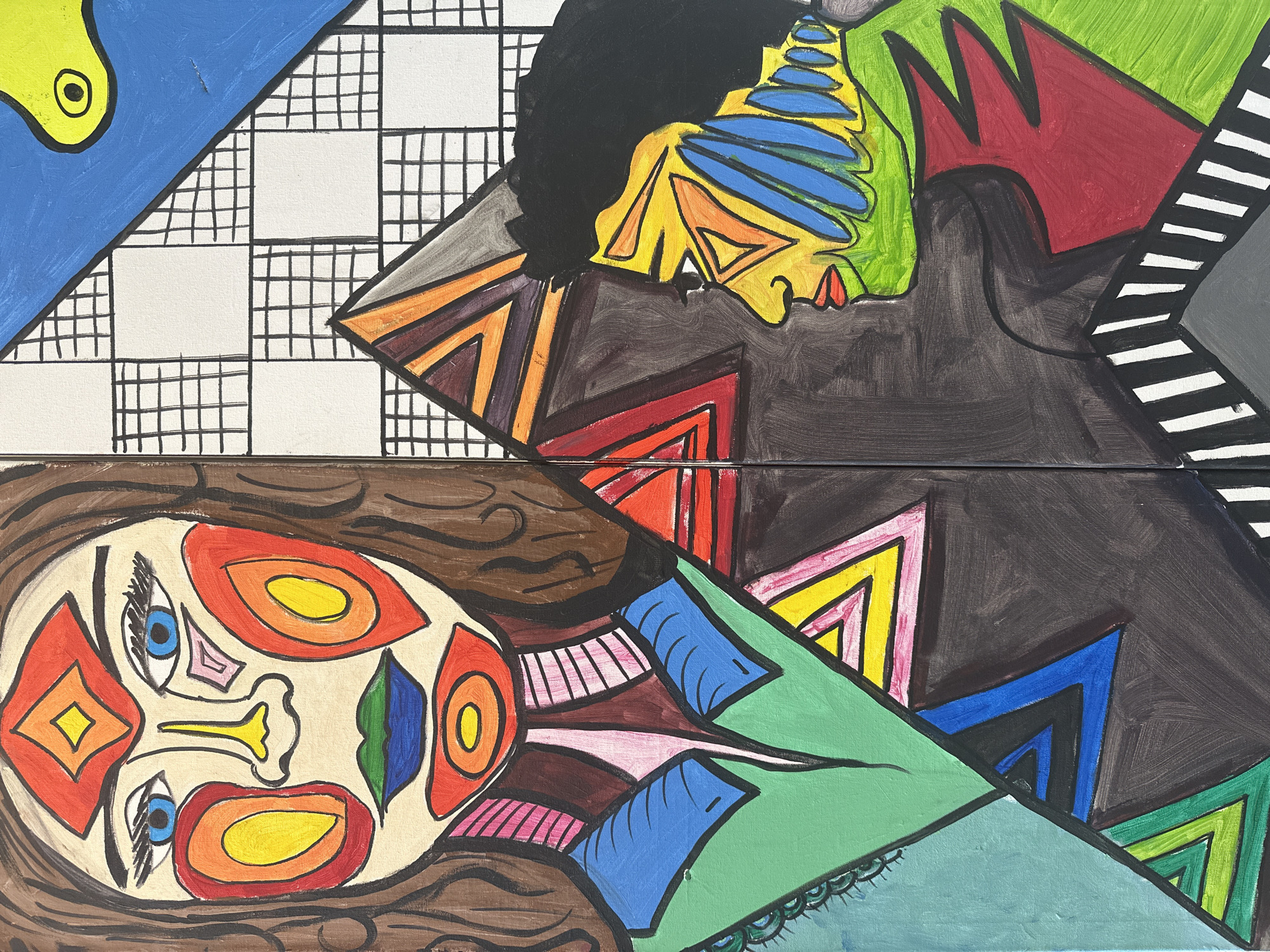 This is an abstract acrylic painting on a canvas composed of two panels. The left panel features a frontal depiction of a face with brown hair, blue eyes, and colorful geometric shapes adorning its features. The right panel shows the profile of another face, rendered in vibrant colors and geometric patterns, with black hair. The background is a mix of geometric shapes, including triangles, squares forming a grid pattern, and abstract lines. There are no people or objects present in the city of Borne, Netherlands, as this is a painting.