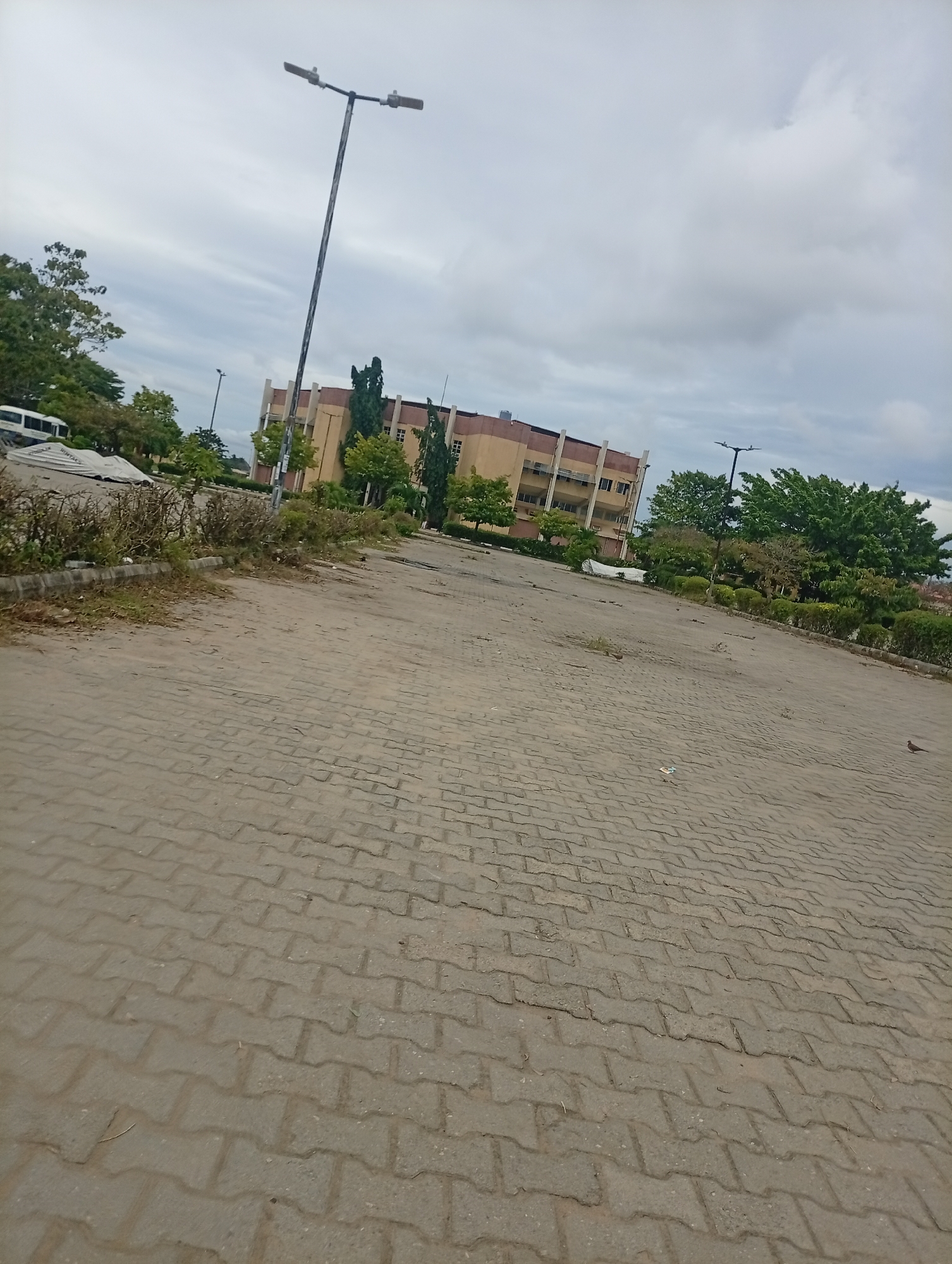 The image shows a large, empty paved lot in Ijanikin, Nigeria. The paving consists of interlocking gray bricks, forming a repeating wave pattern. In the background is a multi-story tan building with visible windows and columns. A tall, metal light post stands at the edge of the paved area. Patches of sparse vegetation and low bushes border the lot. The sky is overcast. A small brown bird is in the lower right corner of the image. There is a white tent-like structure and a white vehicle.