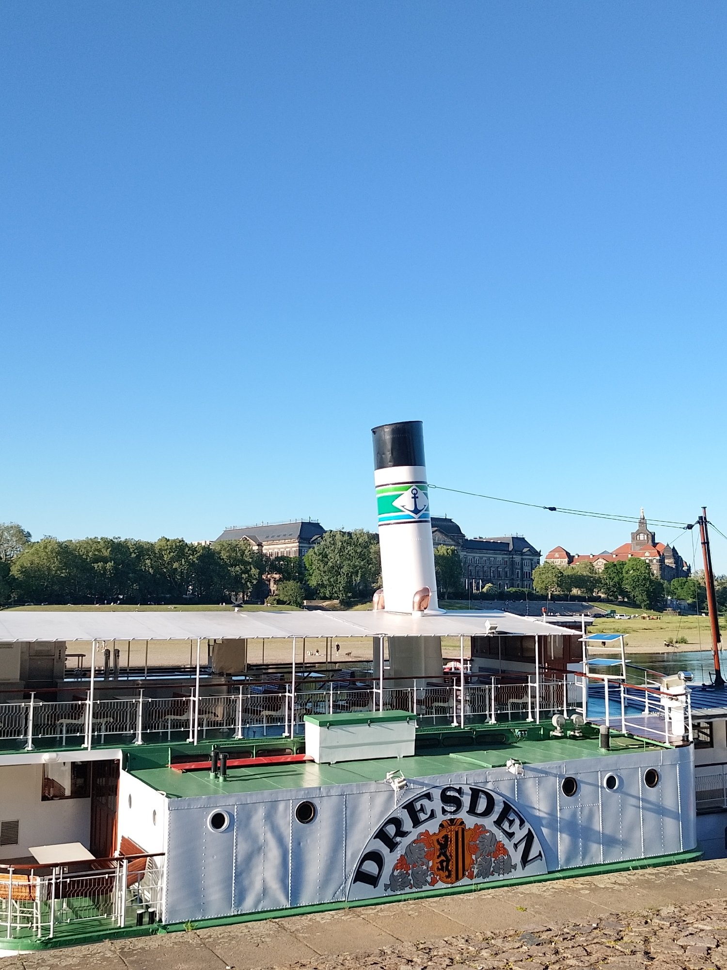 The image shows the paddle steamer "Dresden" on a river with buildings in the background under a clear blue sky. The steamer is white with the word "DRESDEN" painted on its side, accompanied by a crest. The smokestack is white with a black top and a green and white band featuring an anchor symbol. A white canopy covers the deck. In the background, across the river, are several buildings and trees. The location is Dresden, Germany.