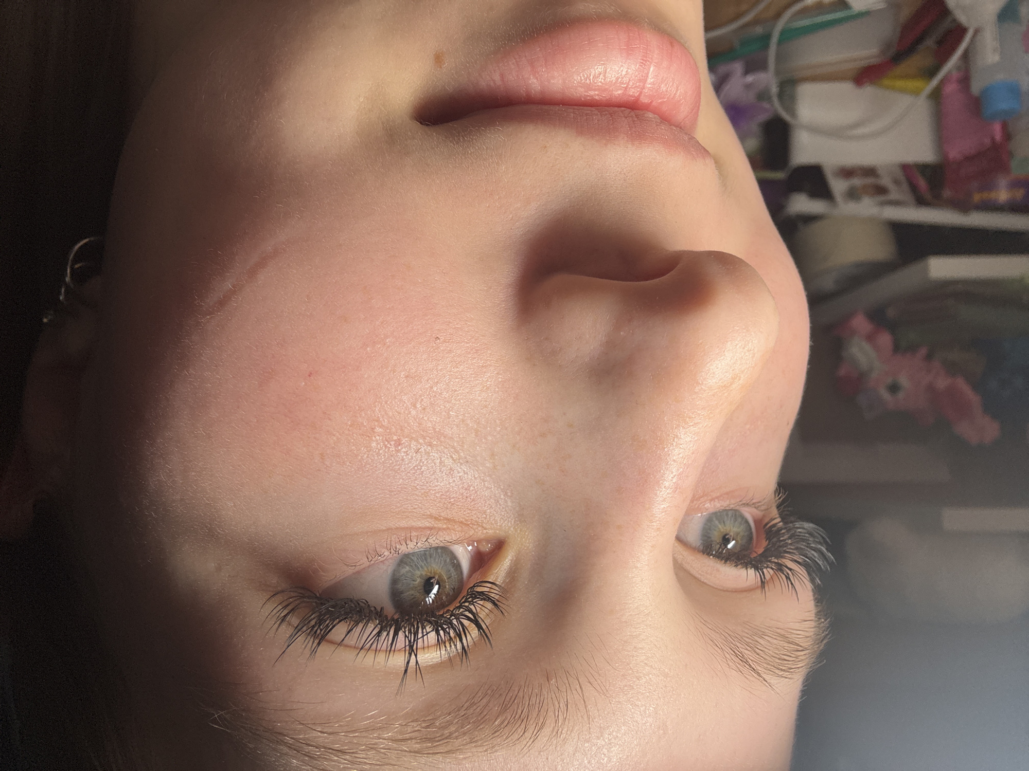 A close-up, inverted shot of a person's face with long, applied eyelashes. The person's lips are visible at the top of the frame, and their nose is centrally positioned. Their eyes, with grey irises, are looking upward. The skin appears fair and freckled. A faint scar is seen on their cheek.
The background is cluttered with various objects, possibly on a shelf or table. There are bottles, containers, and other items that suggest a domestic setting or beauty salon.
The image lacks clear indicators of location in the city of Chaikovsky, Russia.