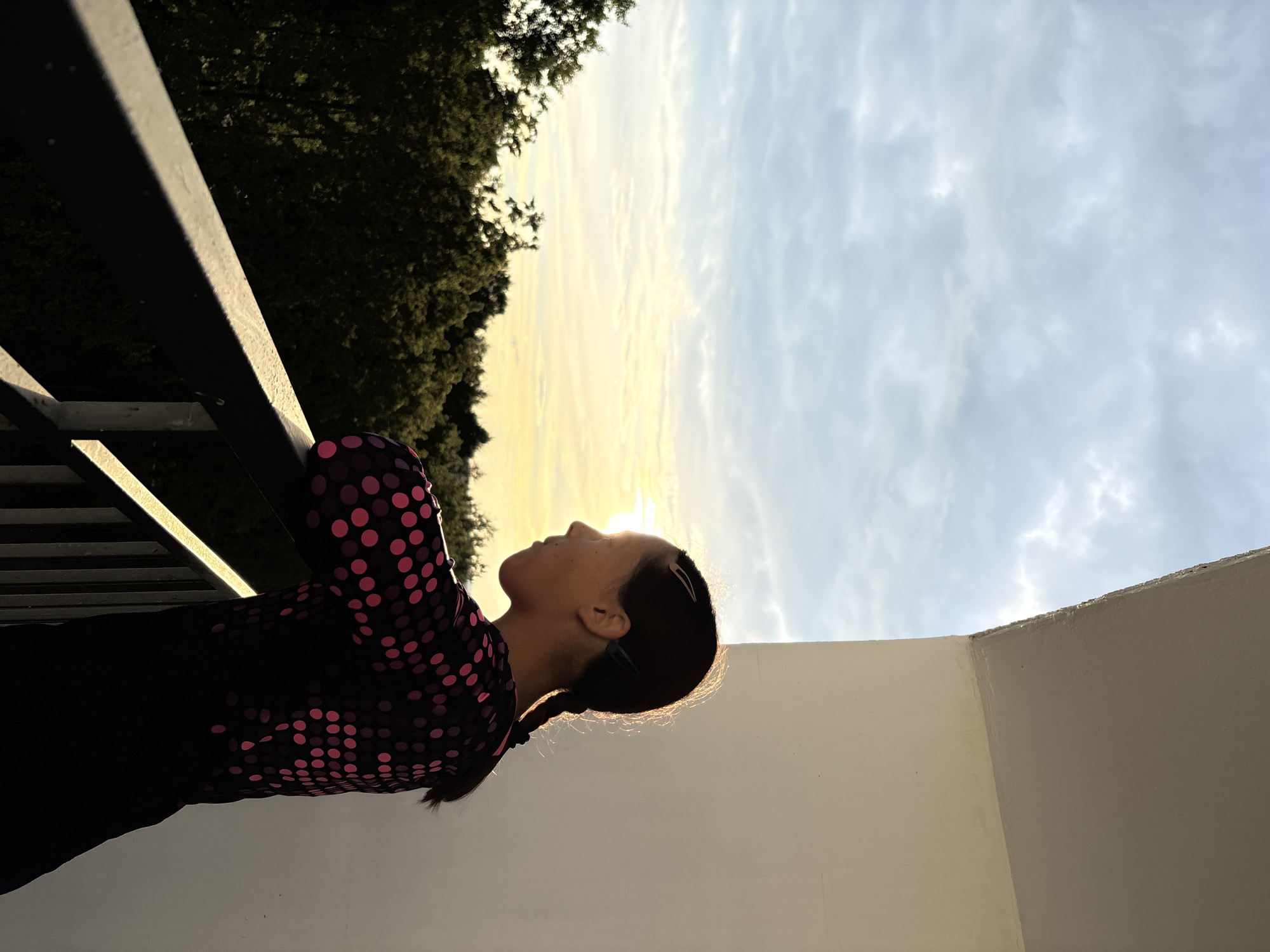 This is a medium-shot, outdoor, low-angle photograph of a person looking up at the sky. The subject, who appears to be a young woman, is silhouetted against a bright, hazy sky. She is leaning on a dark railing and her head is tilted back. She has dark hair styled in a braid, and is wearing a dark shirt with a pink polka dot pattern. Her face is partially obscured by the bright light of the sun, which is low in the sky, suggesting either sunrise or sunset. The sky is a mixture of pale blue and yellow hues, with wispy clouds. To the left of the subject, there are dark green trees, their leaves forming a dense canopy. To the right, there is a white structure, possibly a wall or balcony, which curves upwards and out of frame. The overall impression is one of contemplation or awe, with the subject seemingly lost in thought as she gazes at the sky. The lighting and the subject's posture create a serene and peaceful atmosphere. No text is visible in the image.